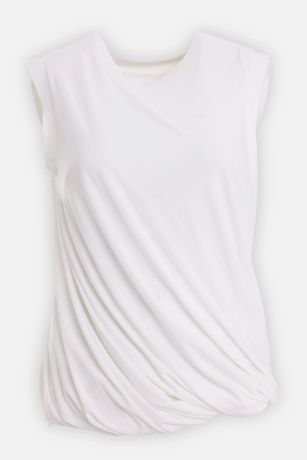 Norma Kamali women's Sleeveless Twist Top in snow white, front view with twisted pleats and crew neckline