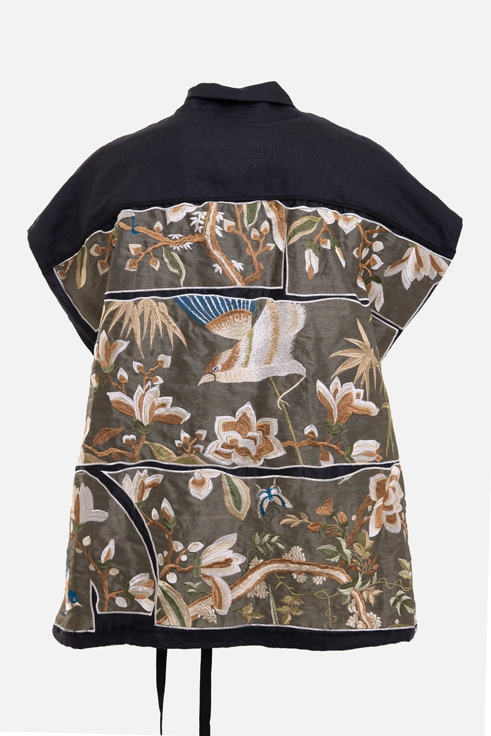 Gianluca Capannolo women's vest in black, back view, floral bird embroidery and black yoke
