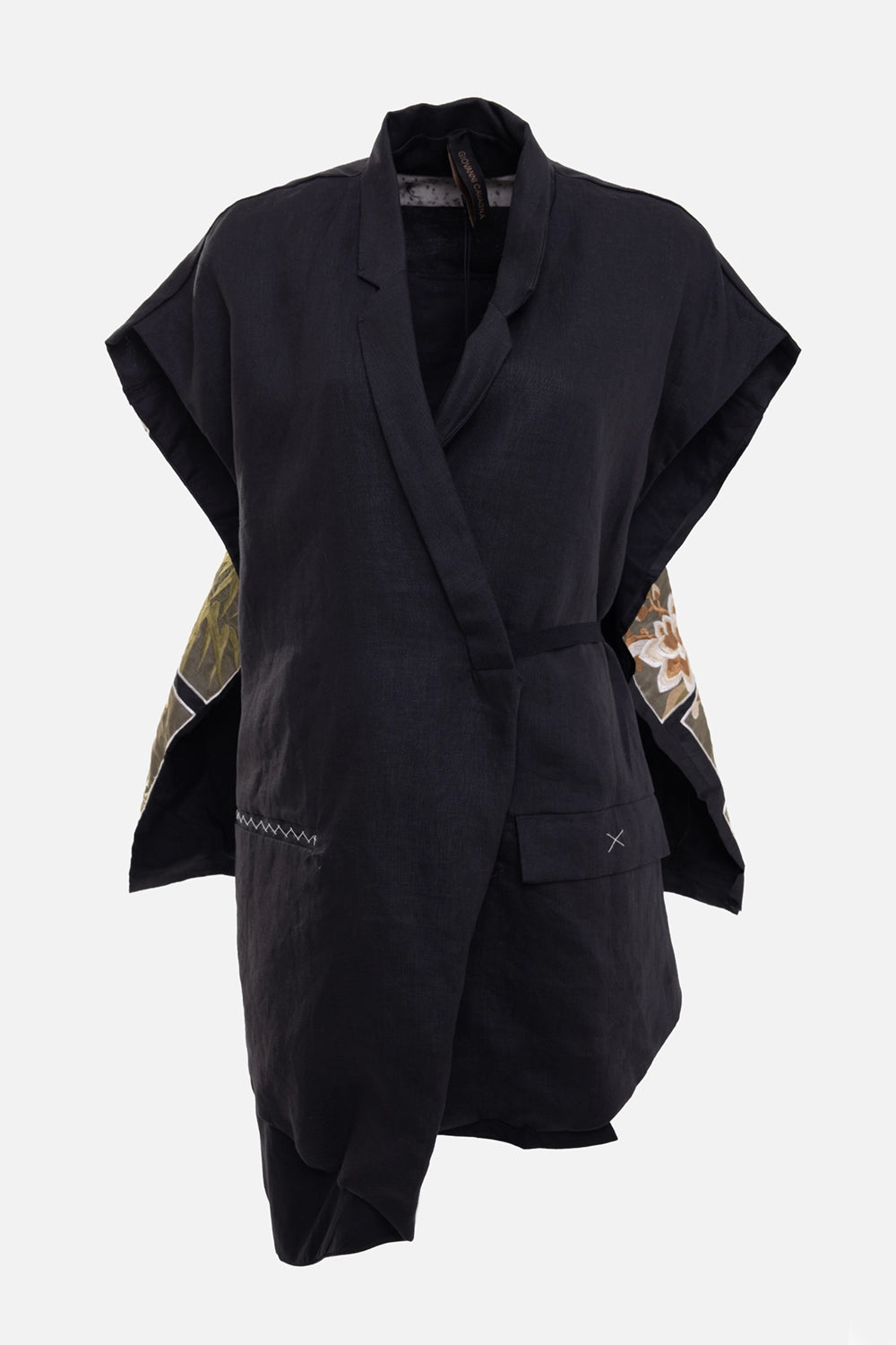Gianluca Capannolo women's vest in black, front view, wrap front with stitched pocket and cap sleeves