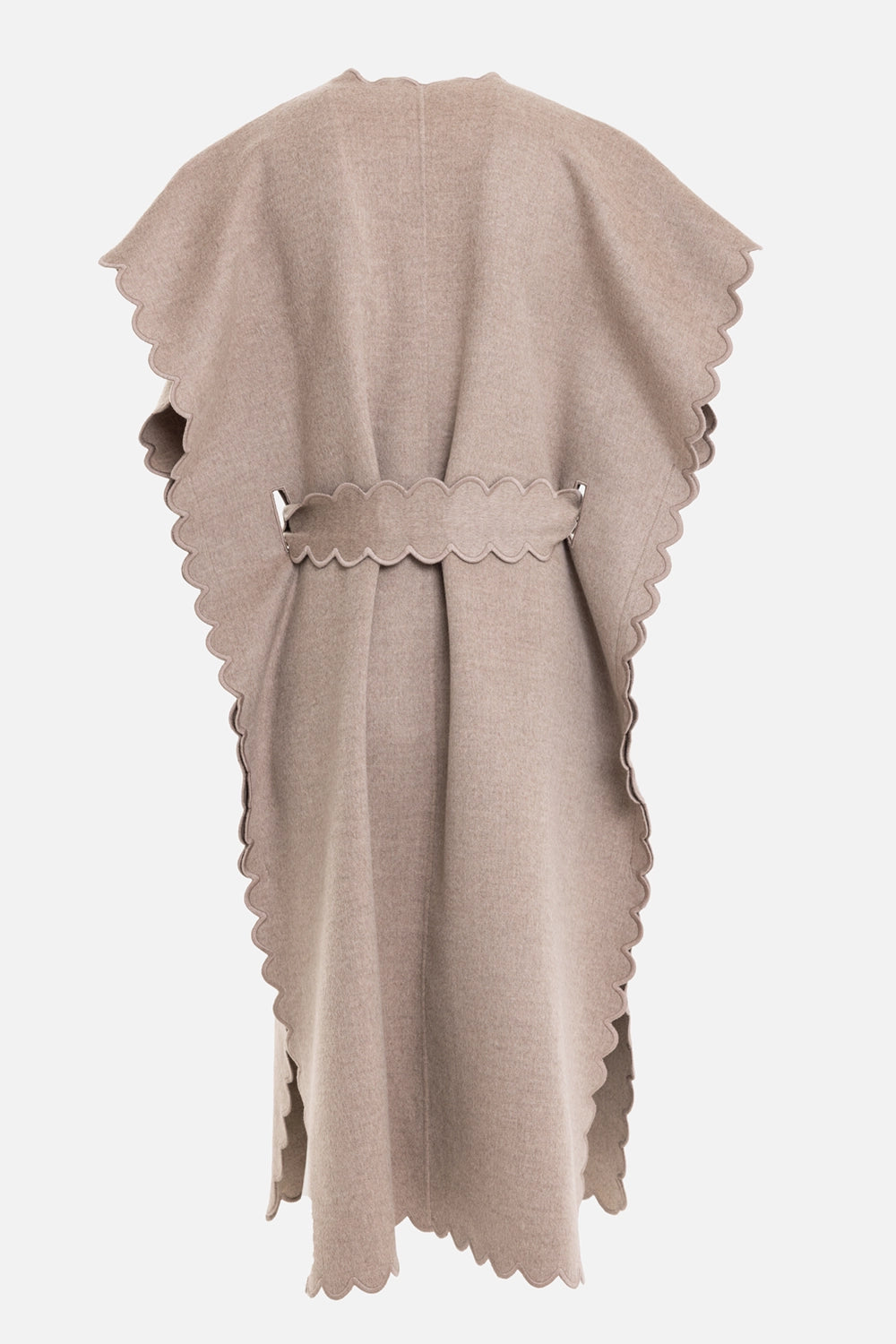 By Malene Birger women's sleeveless wool coat in grey brown melange, back view, scalloped edge and belt loops