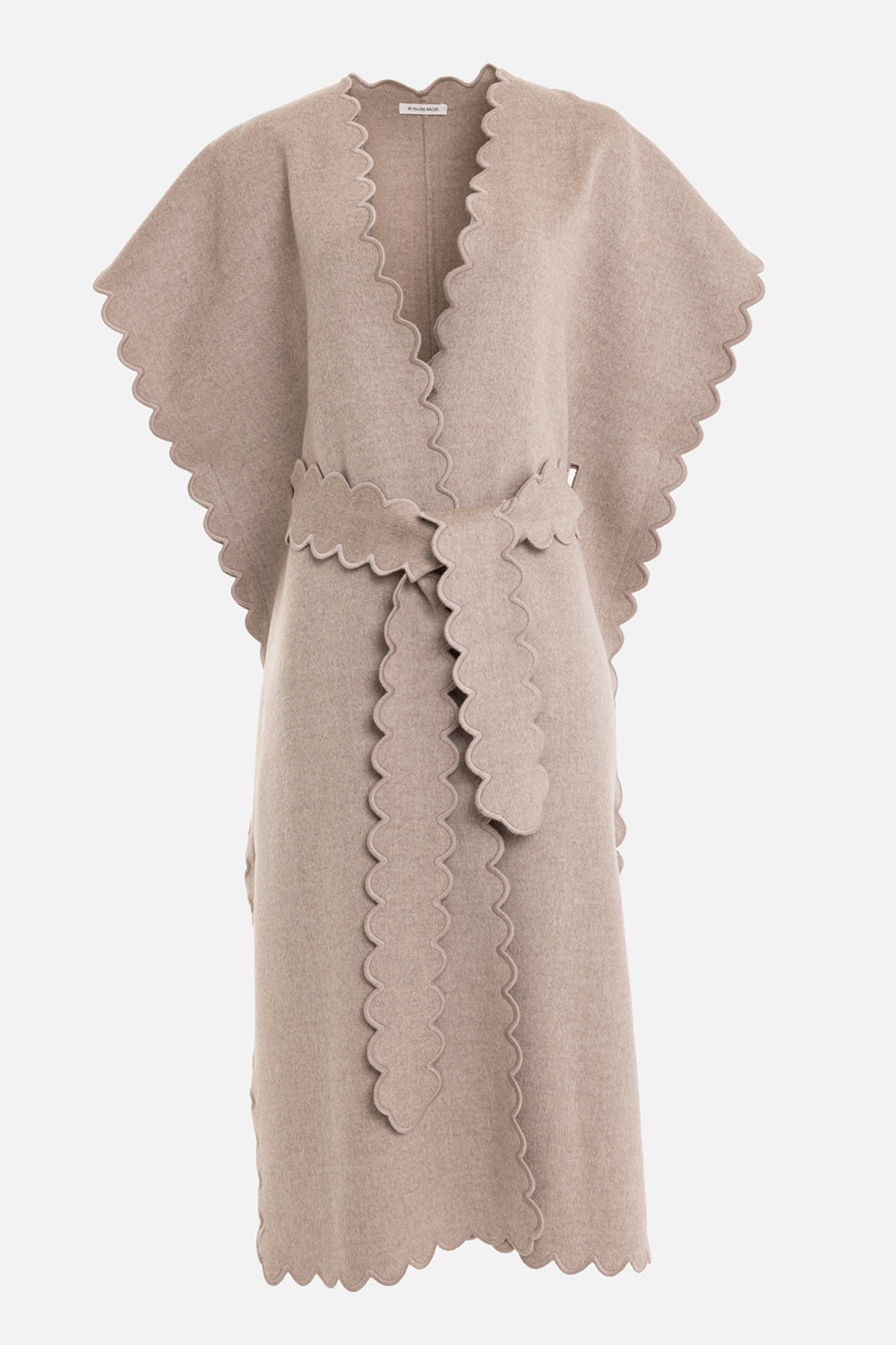 By Malene Birger women's sleeveless wool coat in grey brown melange, front view, scalloped tie belt and edges