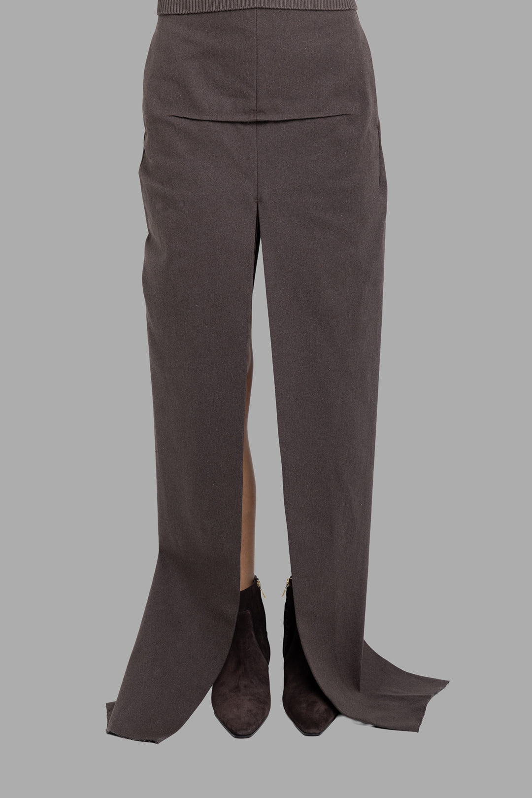 Rick Owens women’s sliced maxi skirt in ash, front view showing high waist and centre front slit detail