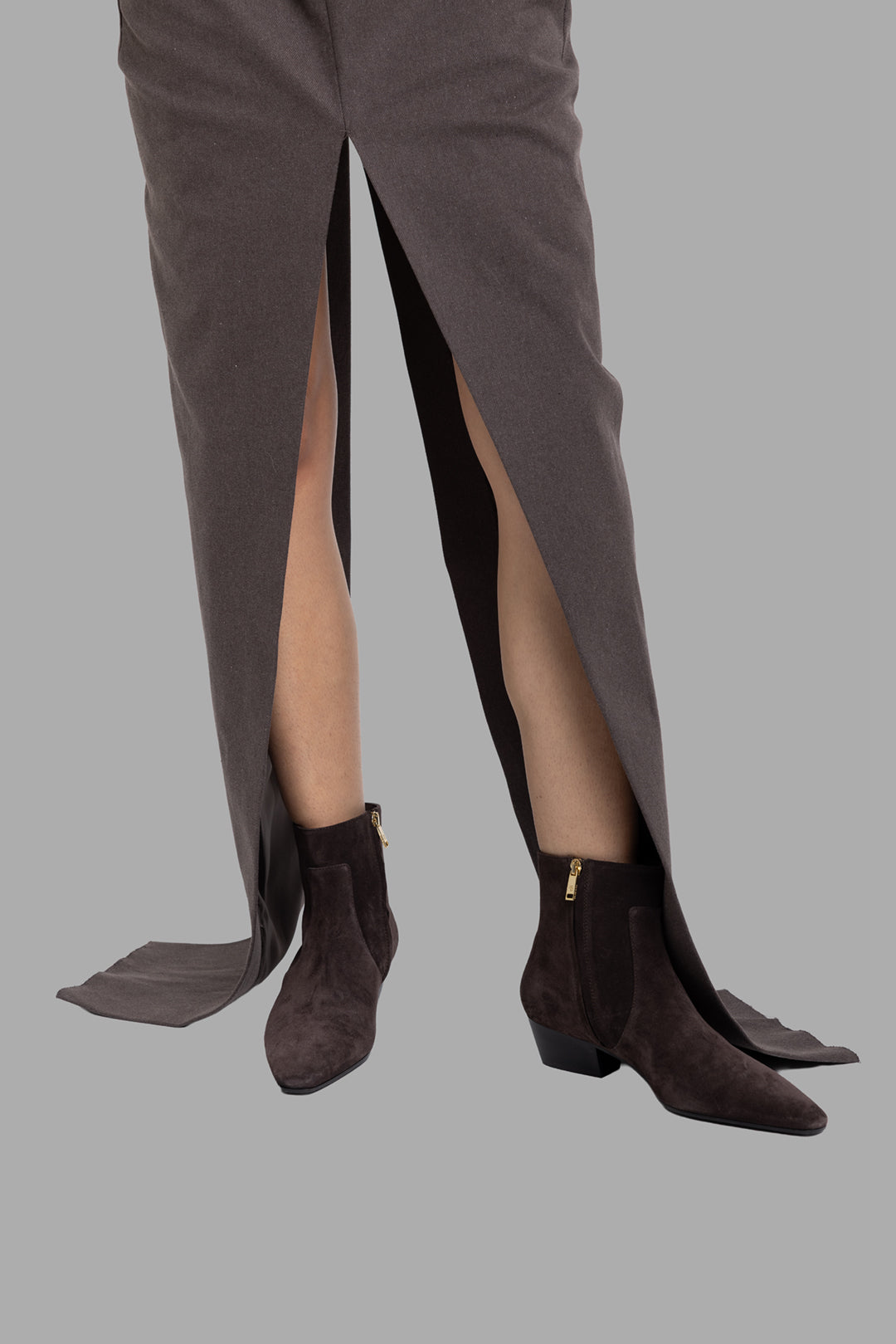 Rick Owens women’s sliced maxi skirt in ash, close-up of front slit panels and floor-grazing hem