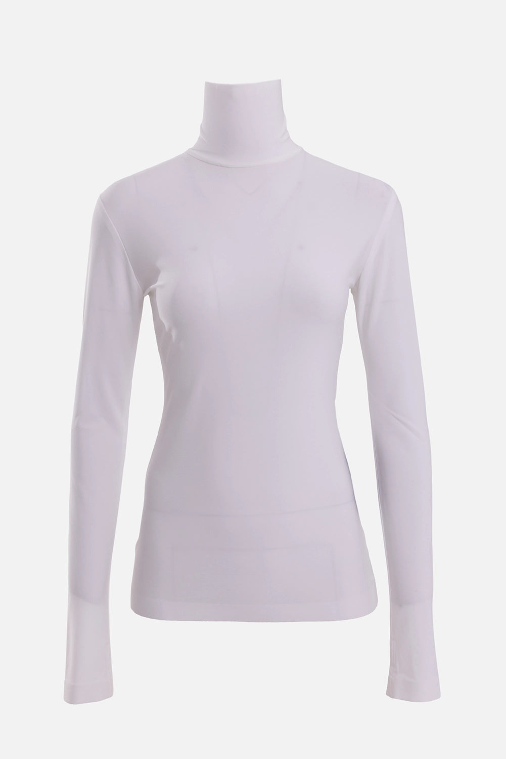 Norma Kamali women's Snow White turtleneck top, front view with a high neck, smooth jersey and straight hem