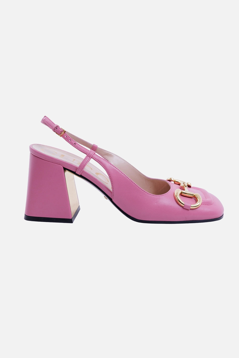 Gucci women's slingback pumps in pink leather, side view with gold-tone Horsebit and sculpted block heel