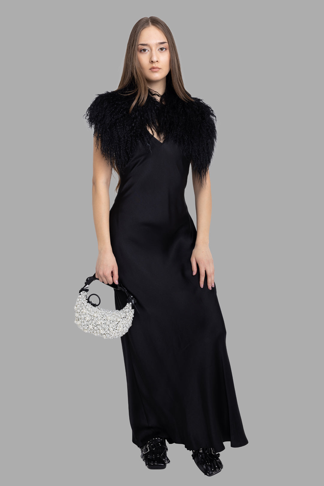 Anine Bing women's black Laurel slip dress, on-model full-length view with V-neck and floor-pooling satin skirt