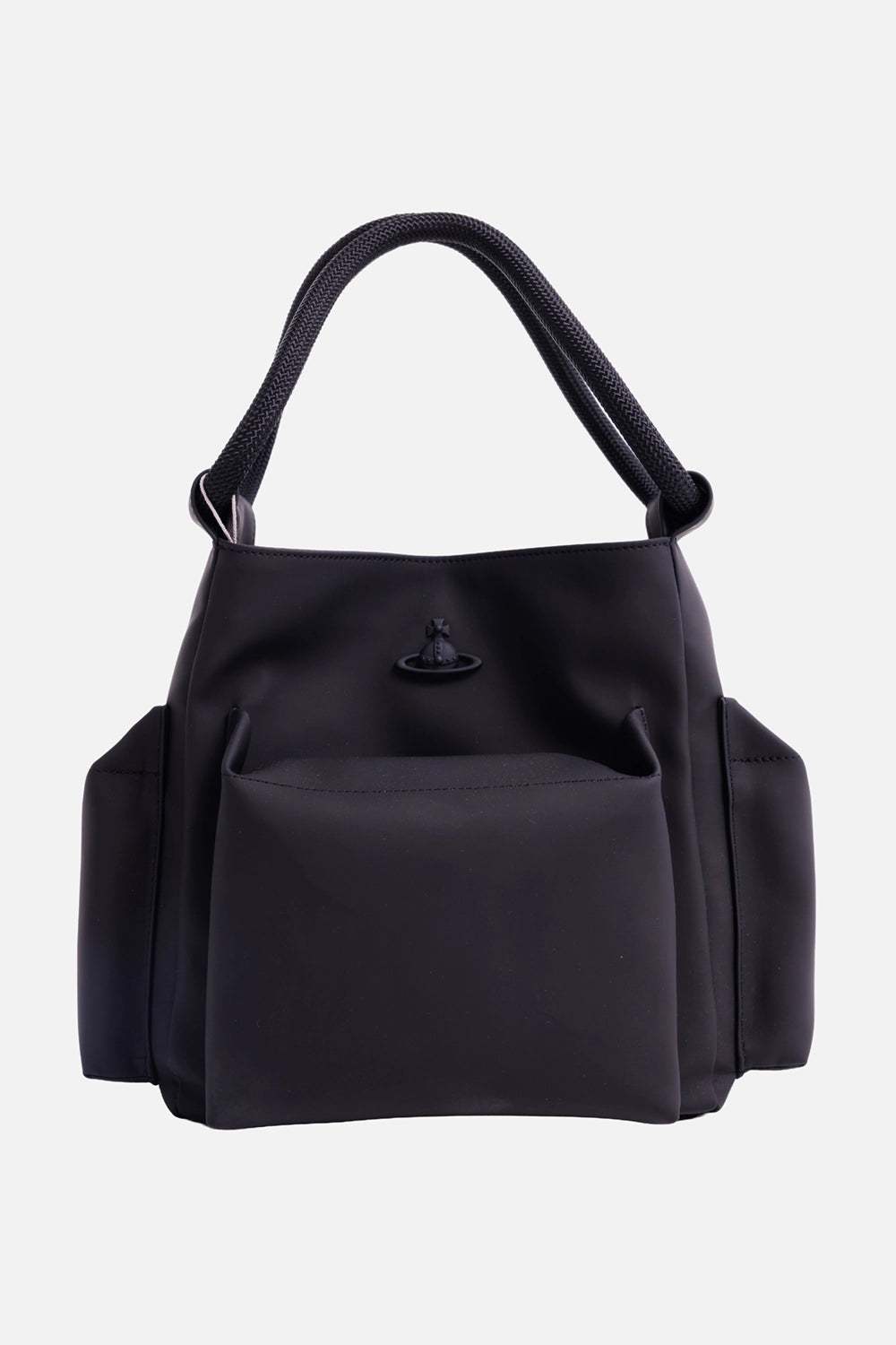 Vivienne Westwood Alton tote bag in black, front view with Orb emblem, exterior pockets and rope handles