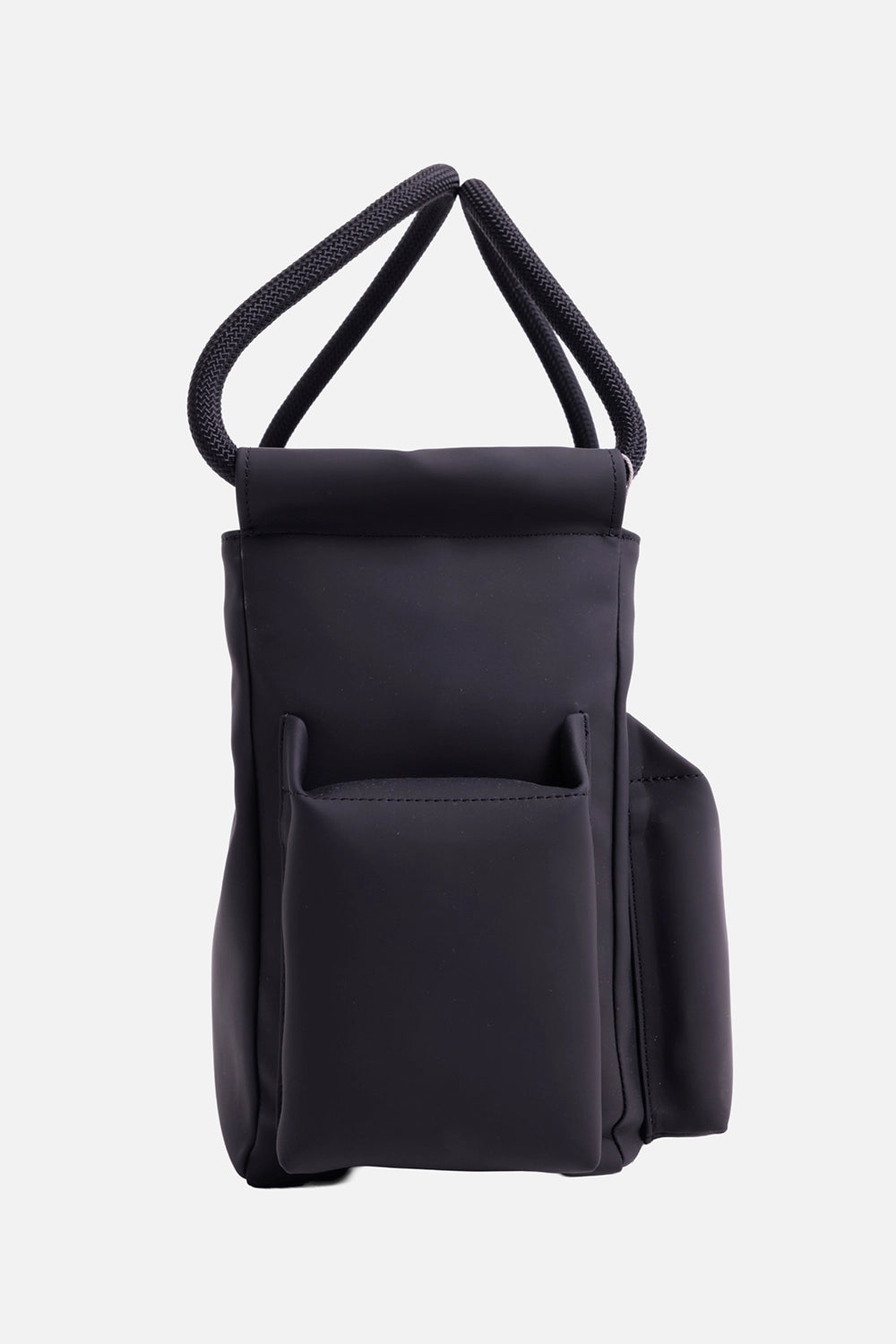 Vivienne Westwood Alton tote bag in black, side view with dimensional pockets and braided rope handles