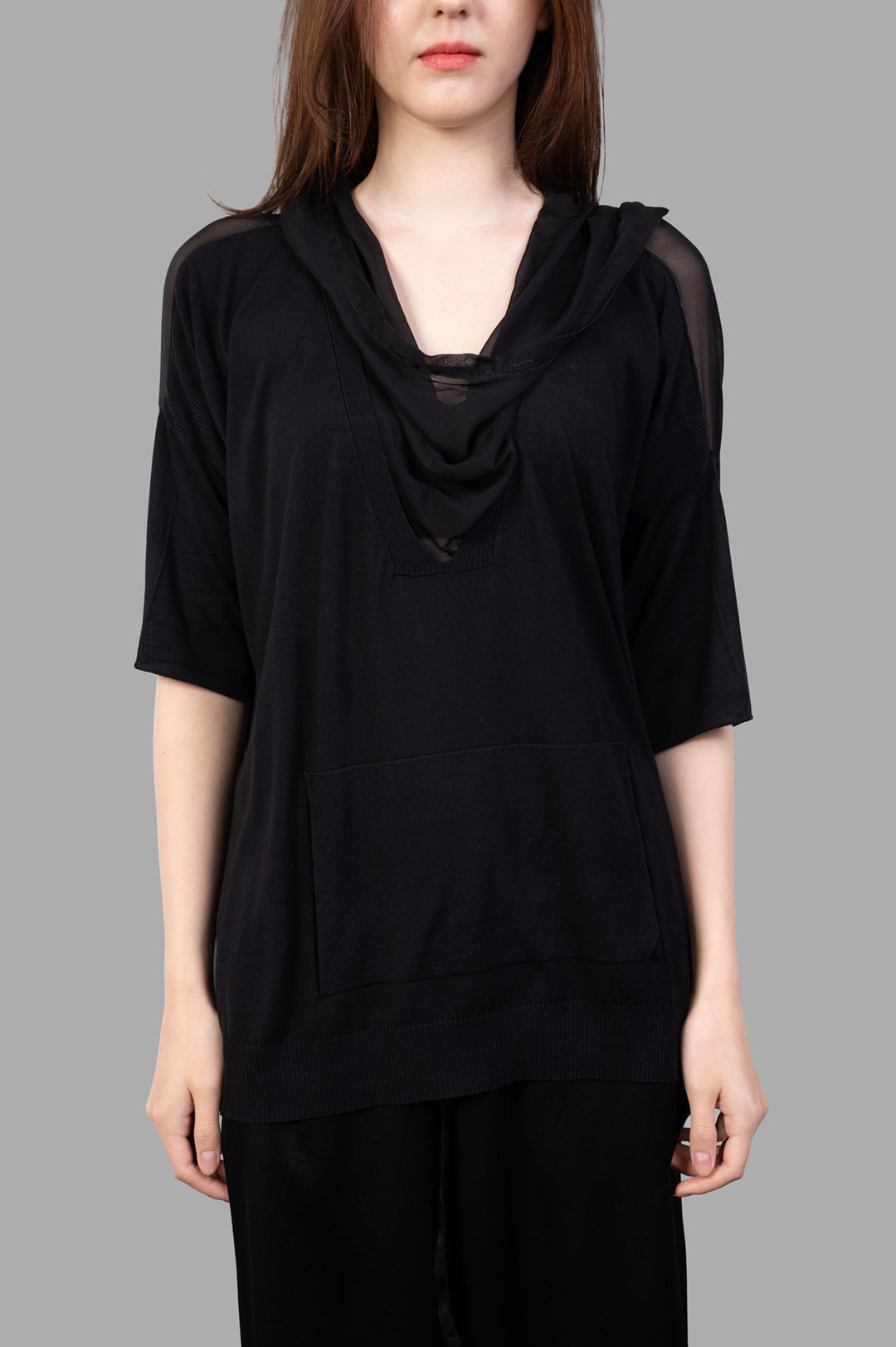 Masnada Layered T-shirt in black, featuring a shawl collar and hood, displayed on a model with relaxed fit and silk texture.