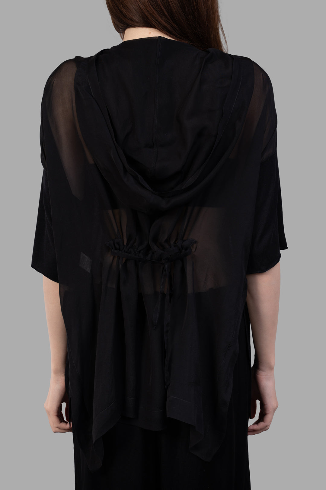Masnada Layered T-shirt featuring a hood and open back detail, made from luxurious black silk. Designed in Italy.