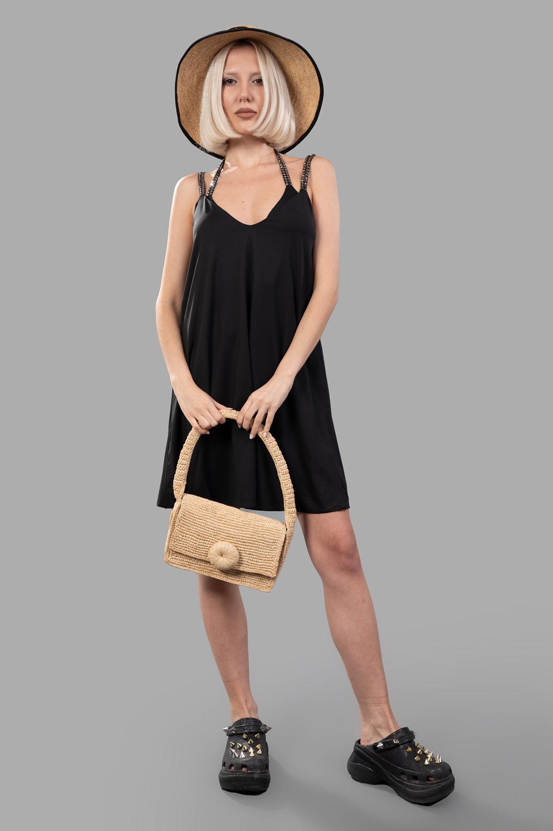 Fisico Bedazzled-strap Dress, front view on-model with straw hat and bag, showcasing detailed straps.
