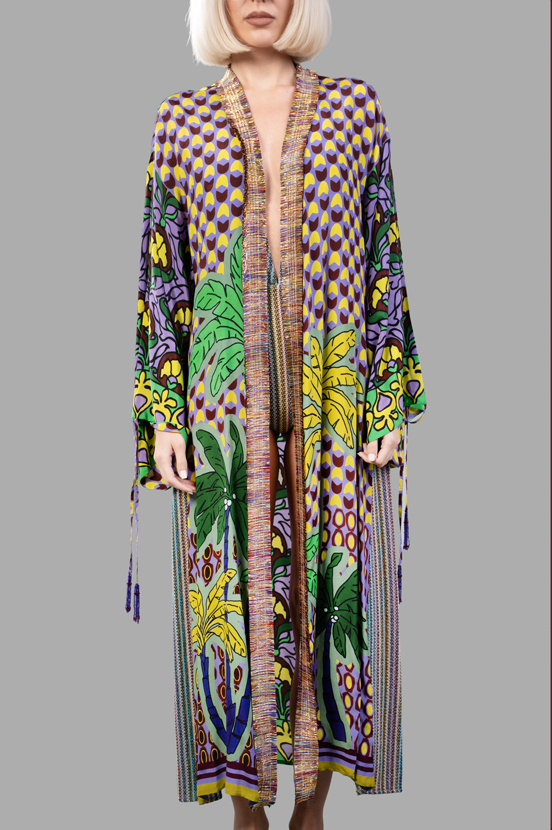 Anjuna Embellished Printed Crepe Kaftan displayed on-model, showcasing vibrant multicolor patterns and luxurious design details.