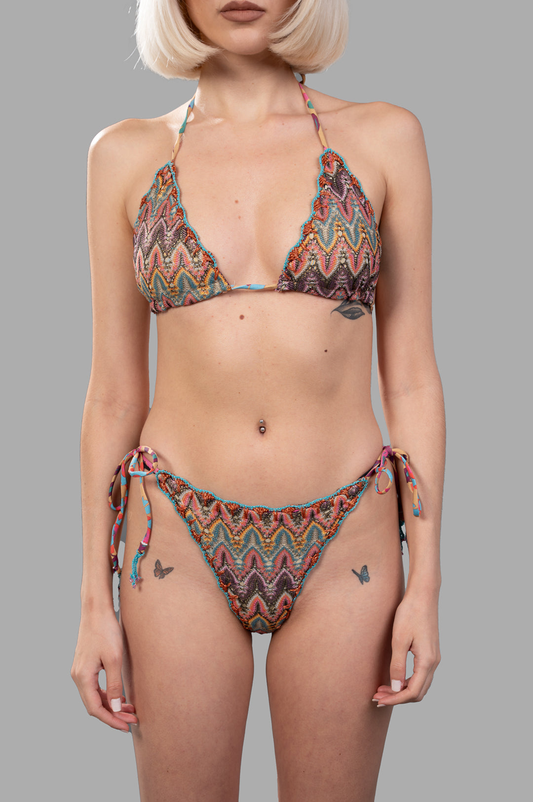 Anjuna Zig Zag Wavy Triangle Bikini Set in multicolor features a triangle top and tie-side bottoms, showcasing detailed.