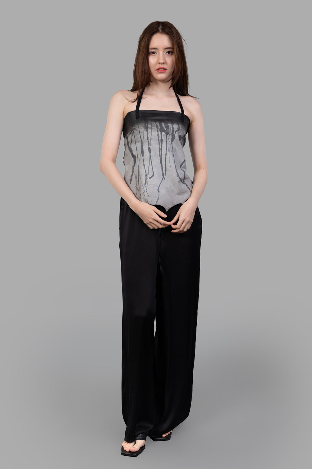 Giovanni Cavagna Gradient-print Top in grey, front view, worn as an elegant sleeve top and scarf.