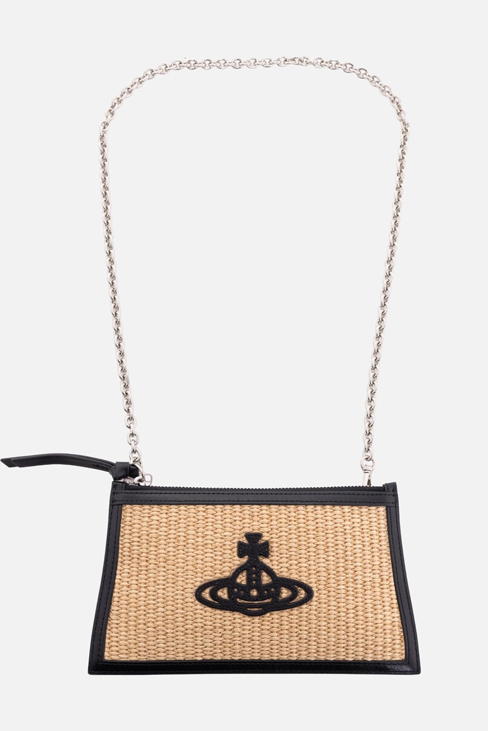 Vivienne Westwood women's clutch in natural, front view with black Orb applique and chain strap
