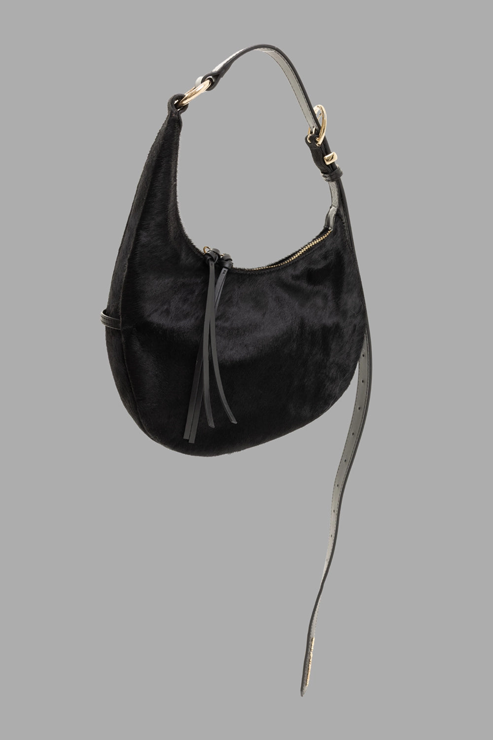 Des Phemmes women small hobo bag in Noir, logo detail on strap with gold lettering