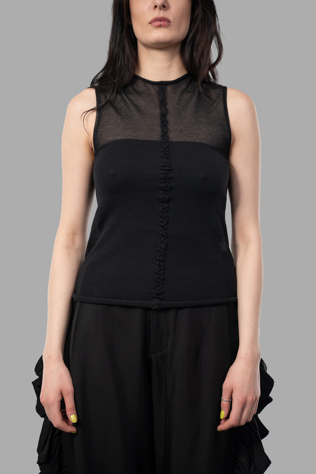Uma Wang Semi-transparent Top features a sleek front design, showcasing a blend of cotton and polyester in black.