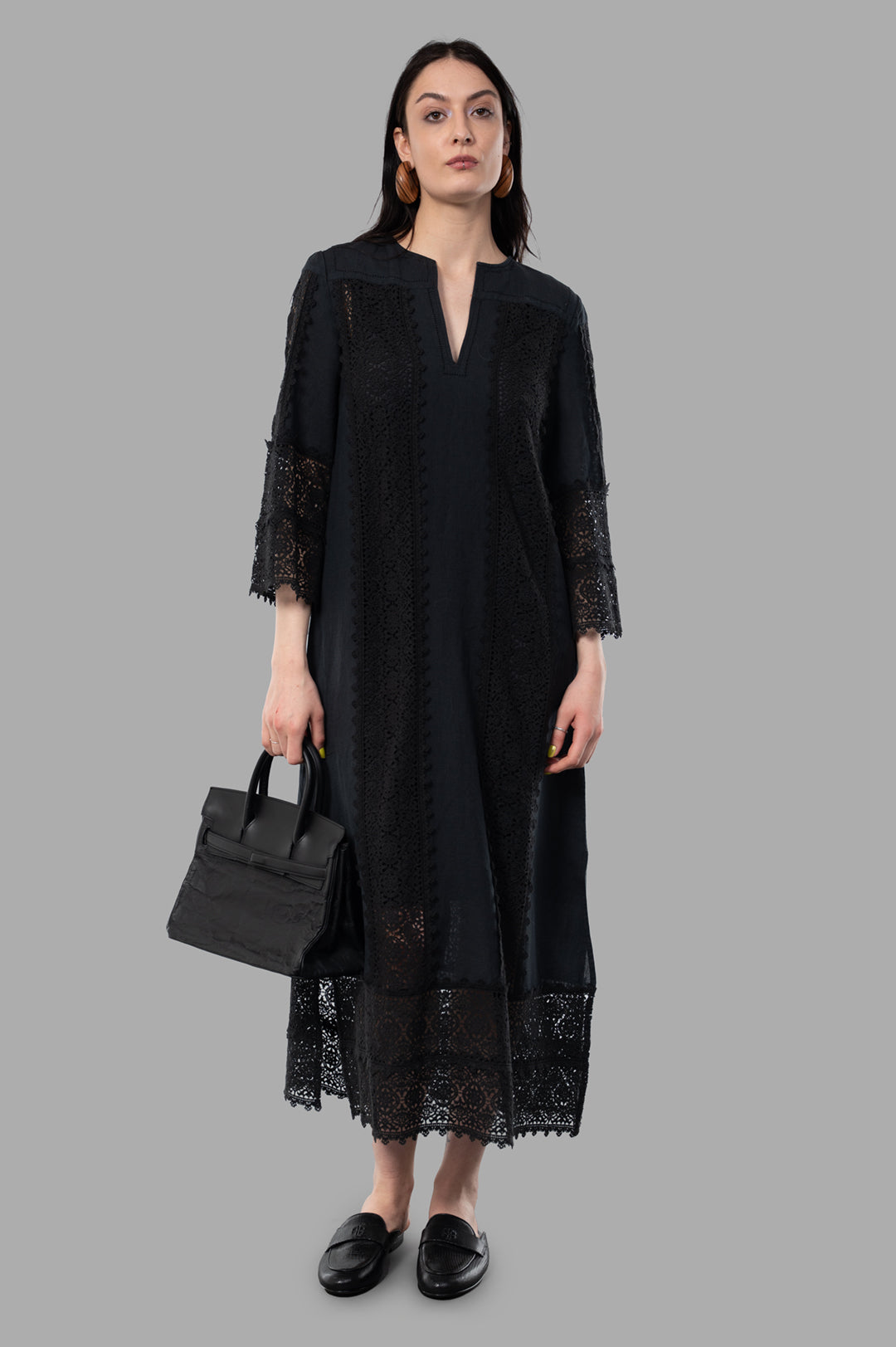 By Malene Birger Delane Maxi Dress, black lace kaftan style, on-model view, showcasing V-neck and cropped sleeves.