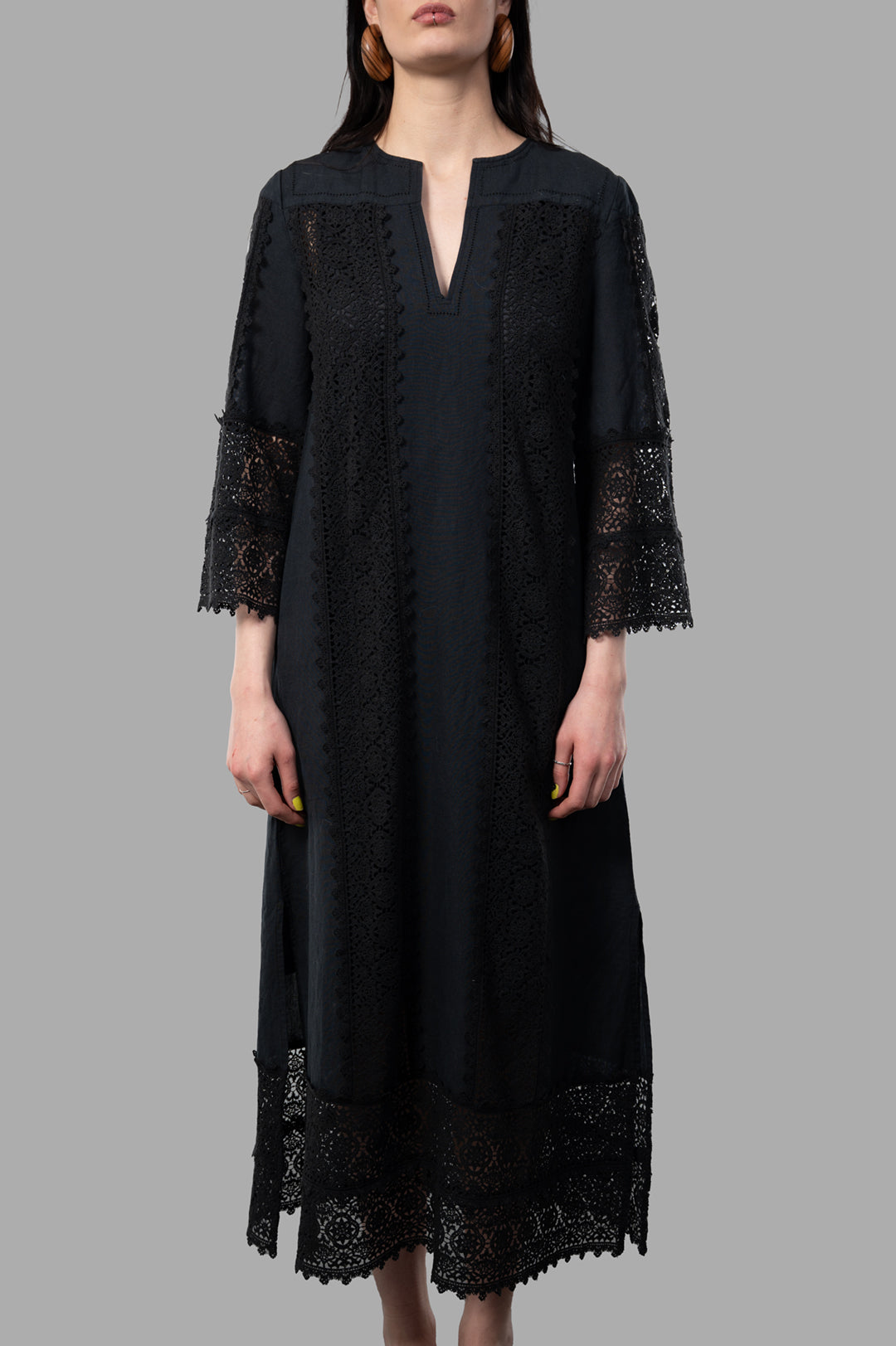 By Malene Birger Delane Maxi Dress in black, showcasing embroidered lace detail and V-neck with wide cropped sleeves.