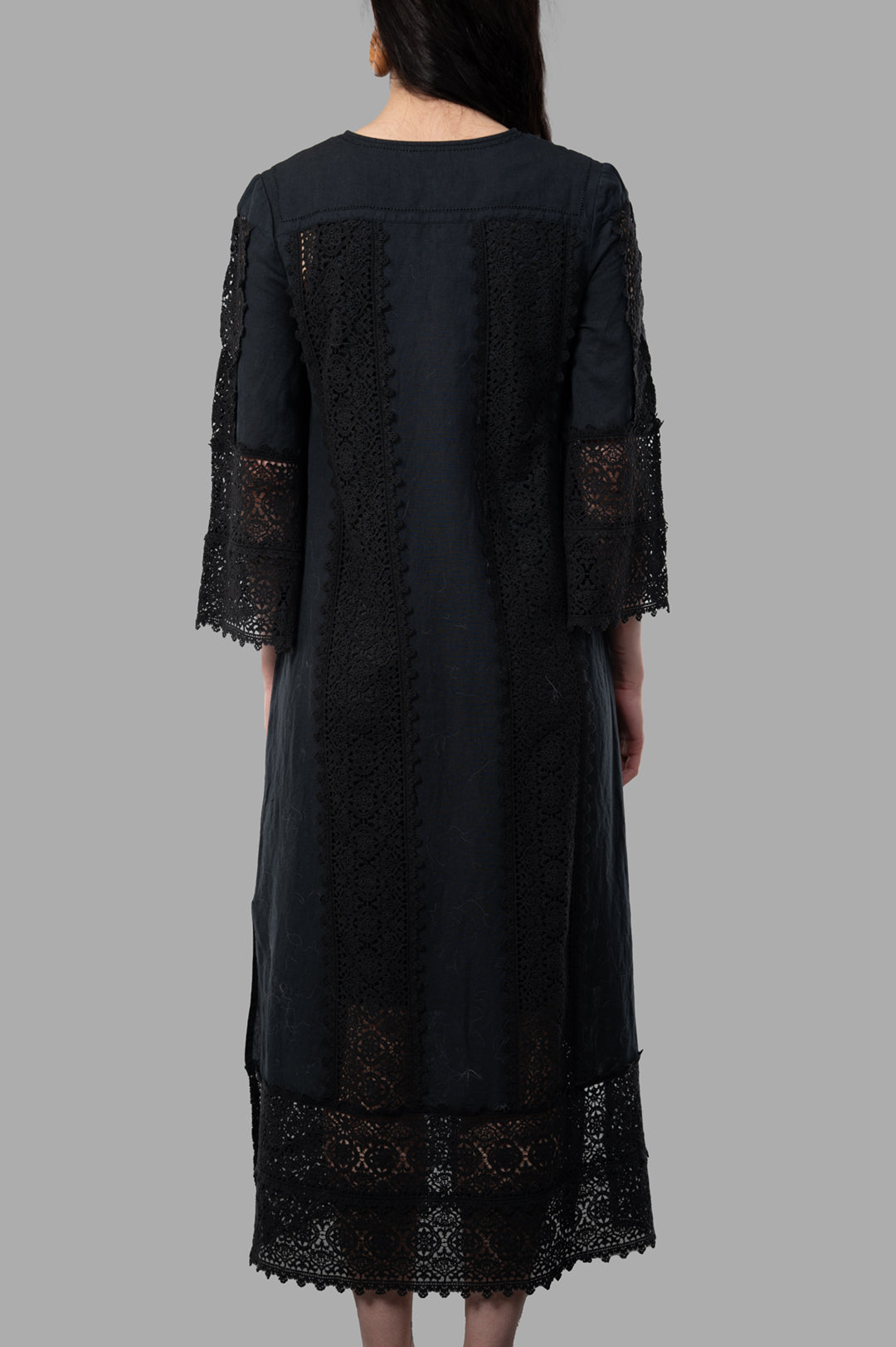 By Malene Birger Delane Maxi Dress, black embroidered lace, showcased in a back view with wide cropped sleeves.