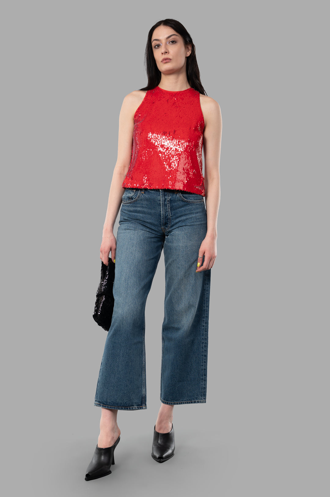 MSGM Red Sequin Top on-model, showcasing shimmering detail and contemporary Italian style in front view.