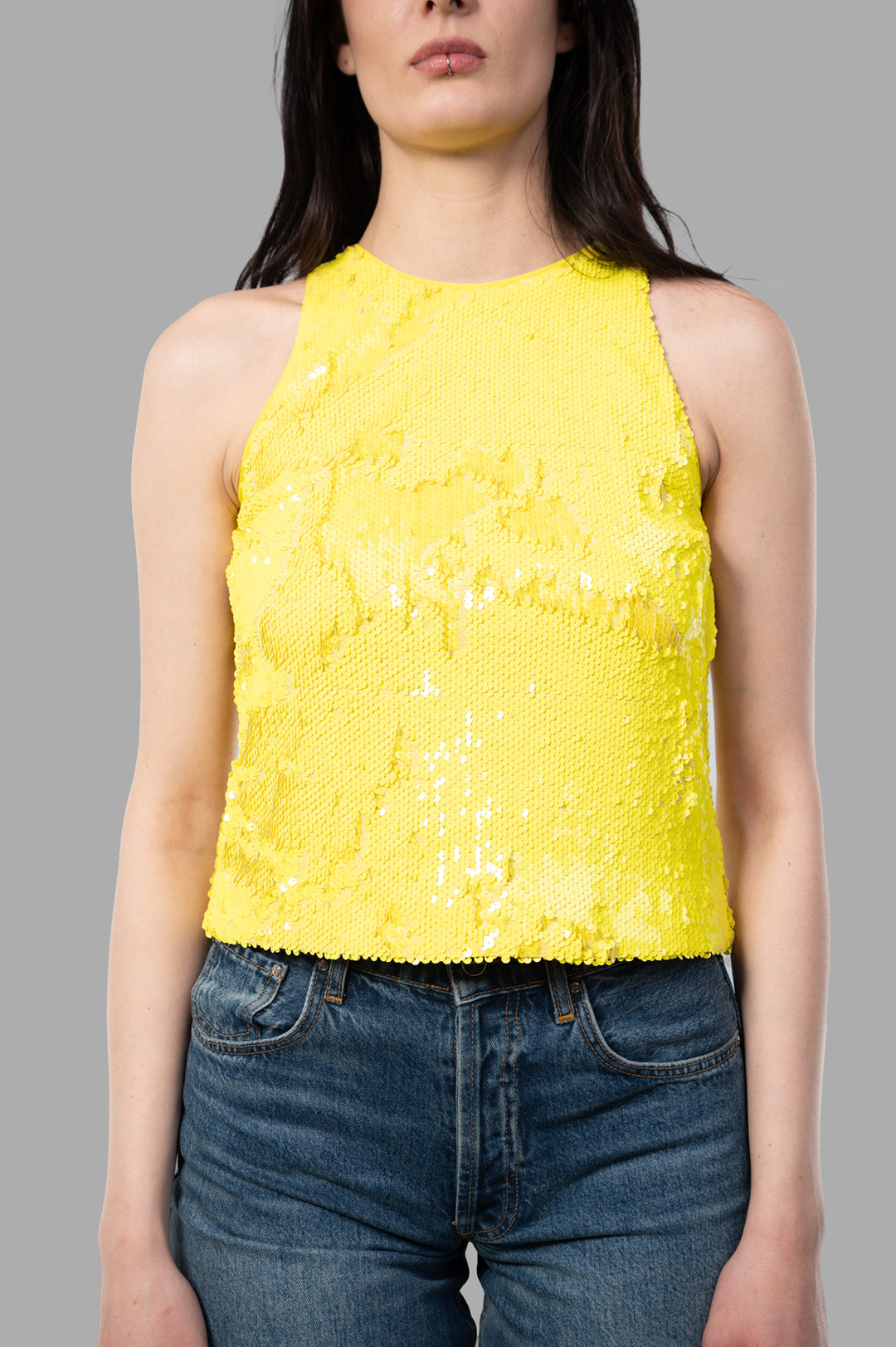 MSGM Yellow Sequin Top in a vibrant halter design, featuring reflective sequins for a bold, eye-catching look.