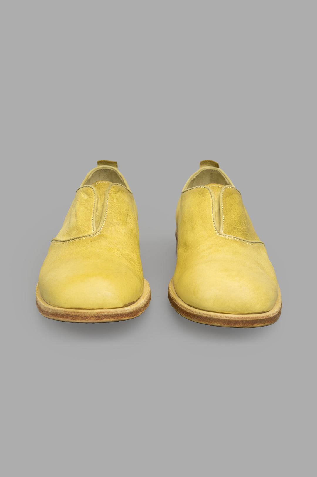 Shoto. Lime Leather Shoes shown from the front, featuring unique yellow leather with a handmade finish and natural patina.