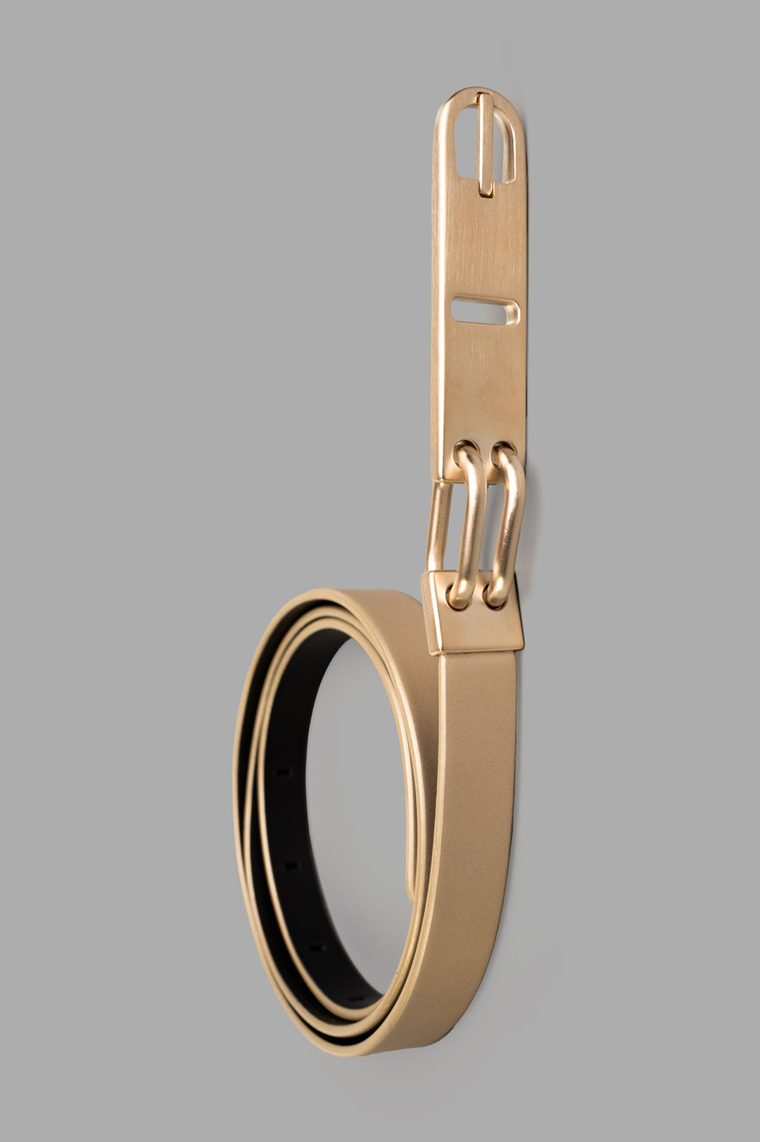 Rick Owens Snap Hook Belt in metallic gold bull leather, showcasing detailed snap hook design and smooth texture.