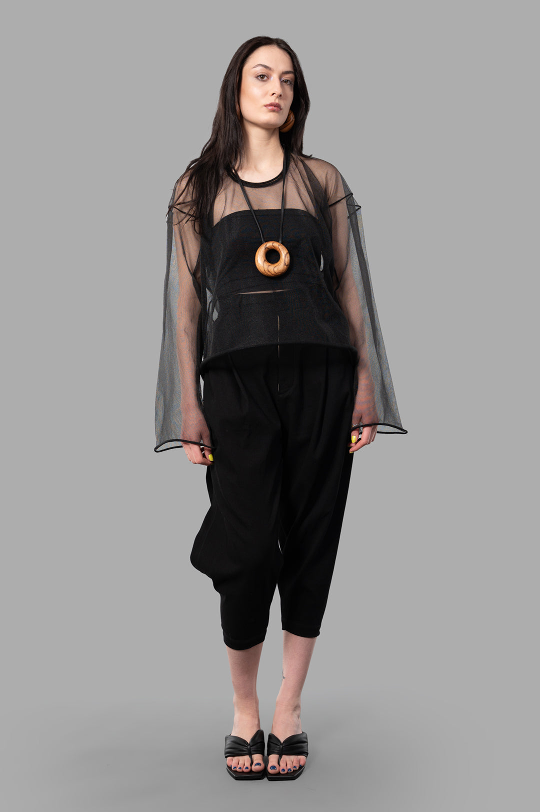 Uma Wang Sheer Top in black, on-model front view, featuring layered textures and airy polyester fabric.