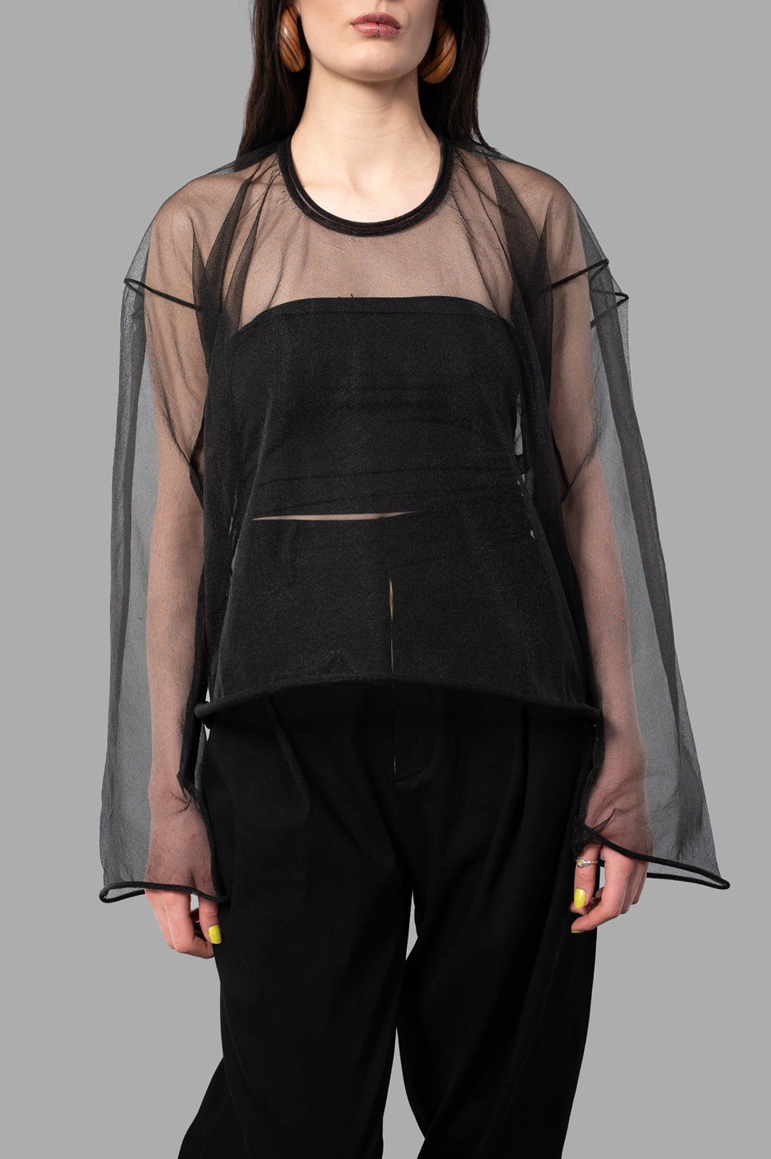 Uma Wang Sheer Top features a black, lightweight fabric with an elegant layered design and relaxed fit, showcased on-model.