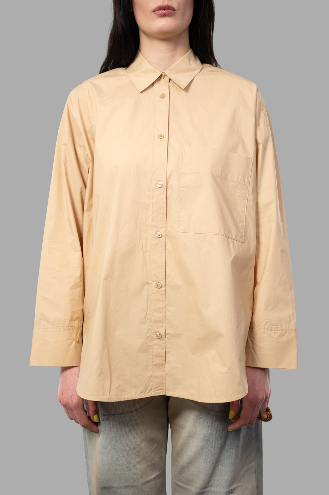 By Malene Birger. Derris Organic Cotton Shirt in beige, featuring a button front, pocket, and adjustable cuffs.