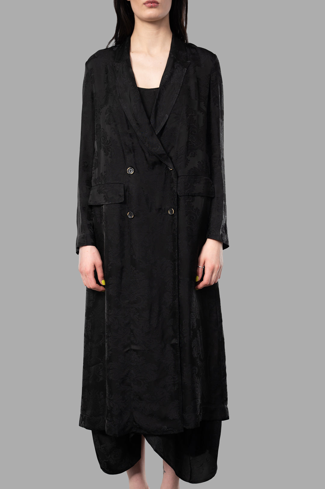 Uma Wang Double-breasted Floral Coat displayed on model, featuring elegant black floral texture and sophisticated design.
