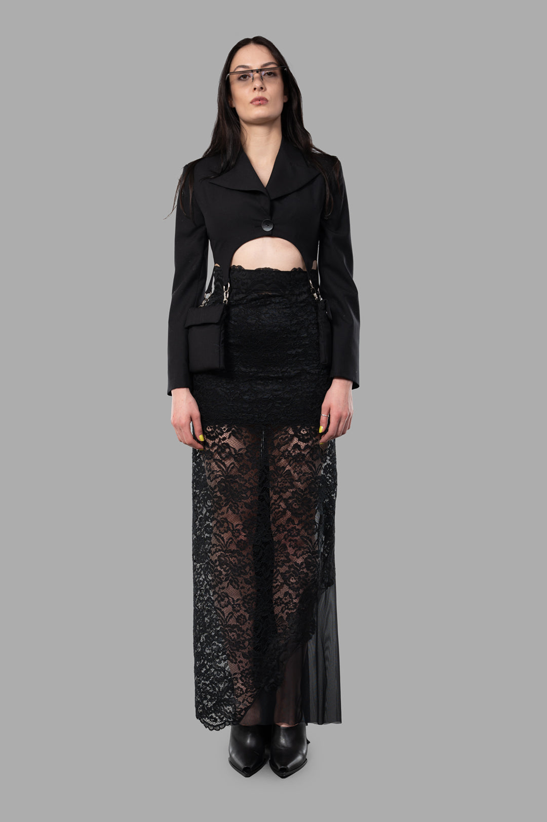 Sehnsucht Atelier Cropped Cargo Blazer, black, front view, showcased with Victorian-style lace skirt.