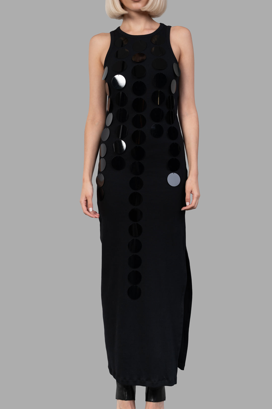 MSGM Disc-embellished Dress in black, showcasing a front view with distinctive disc embellishments for a chic evening look.