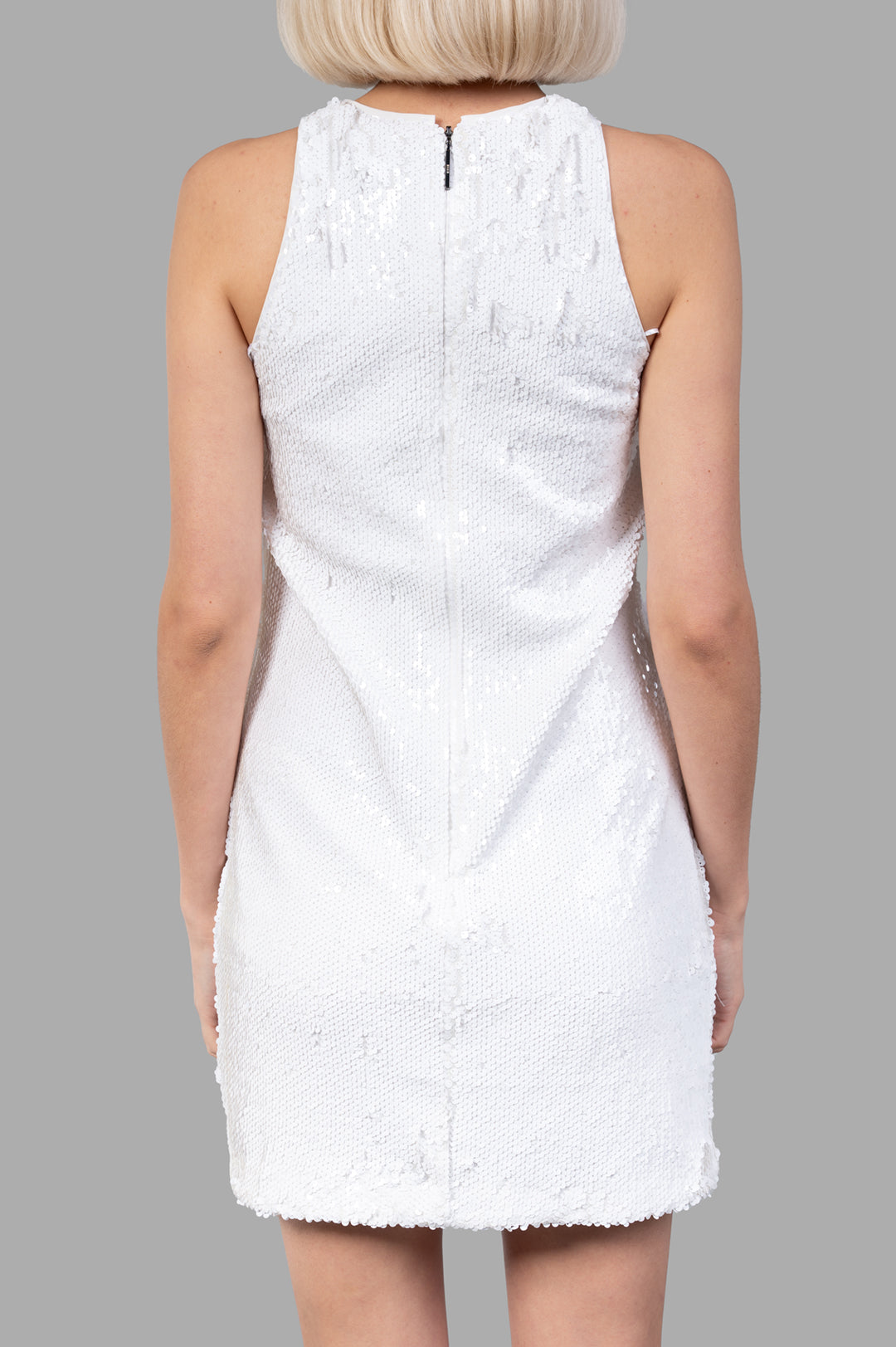 MSGM Sequin-embellished Dress, white, sleeveless with a zip back, showcasing its stunning sequined texture from the back.