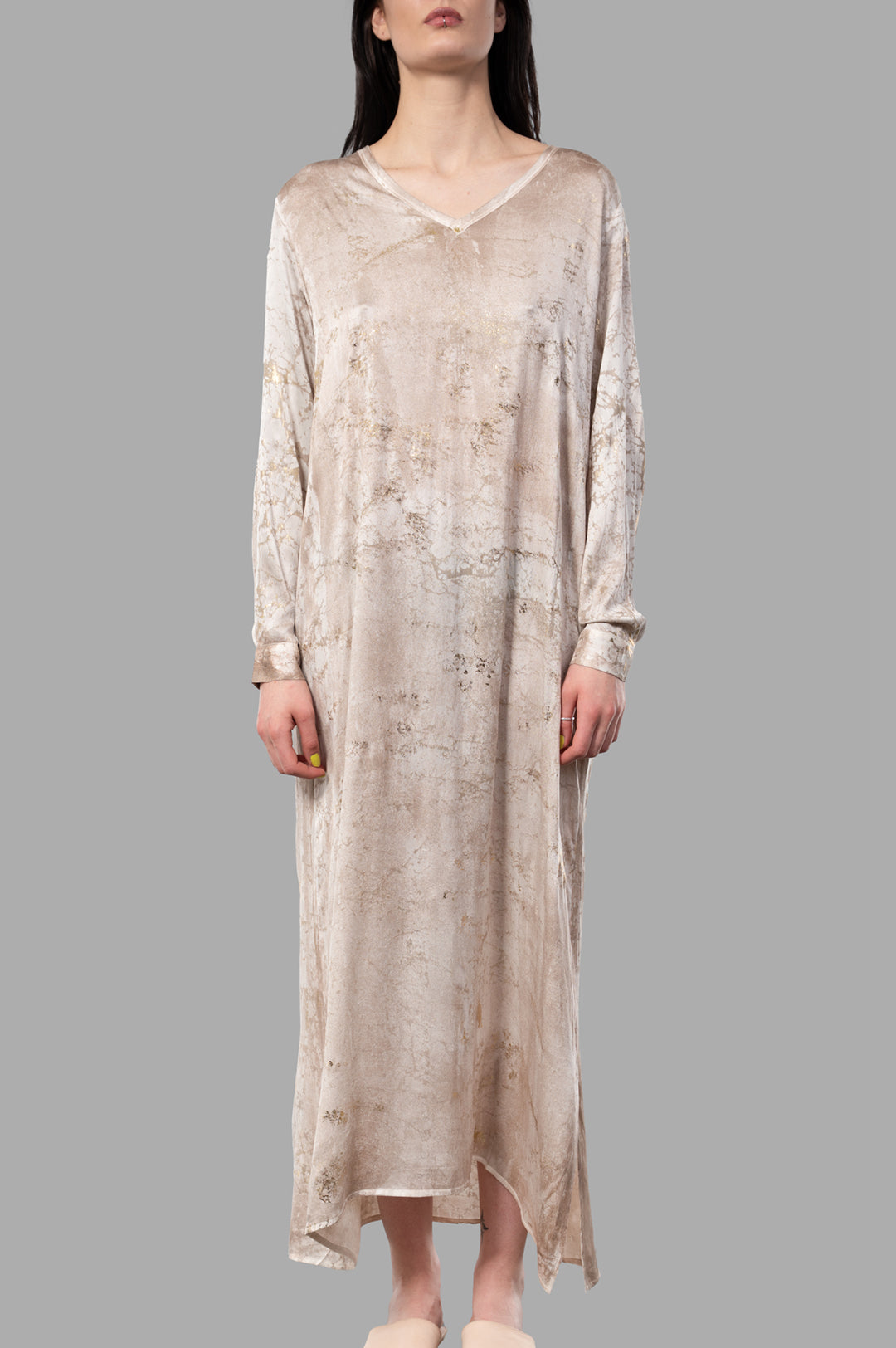 Avant Toi Marble-print Silk Dress in dusty pink, featuring V-neck, long sleeves, and asymmetric hem, displayed on model.