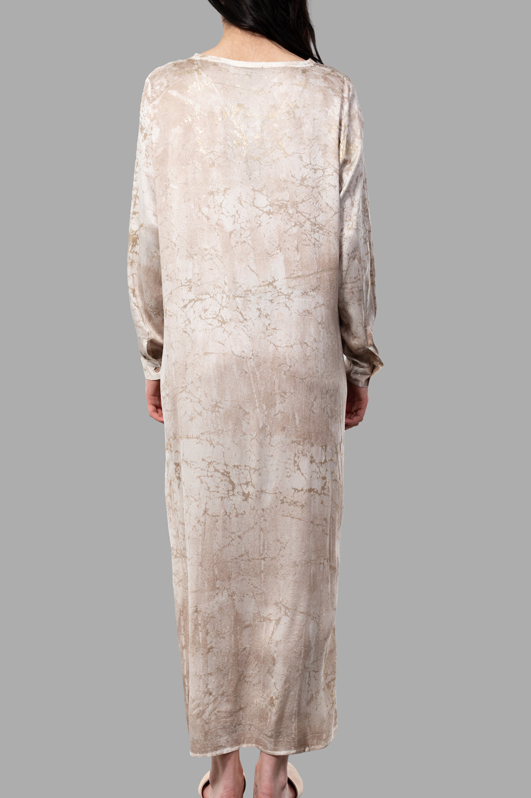 Avant Toi Marble-print Silk Dress features a flowy maxi silhouette, V-neck, and long sleeves in a dusty pink hue, shown from.