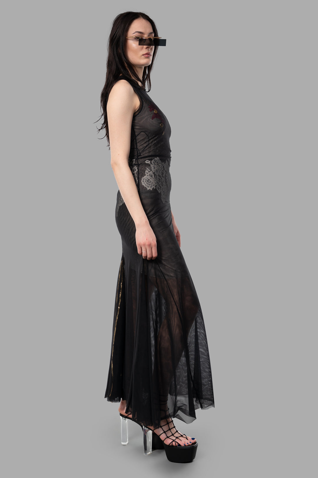 Sehnsucht Atelier Lace-detail Dress in Black, side view on model, showcasing semi-transparent texture and intricate lace.
