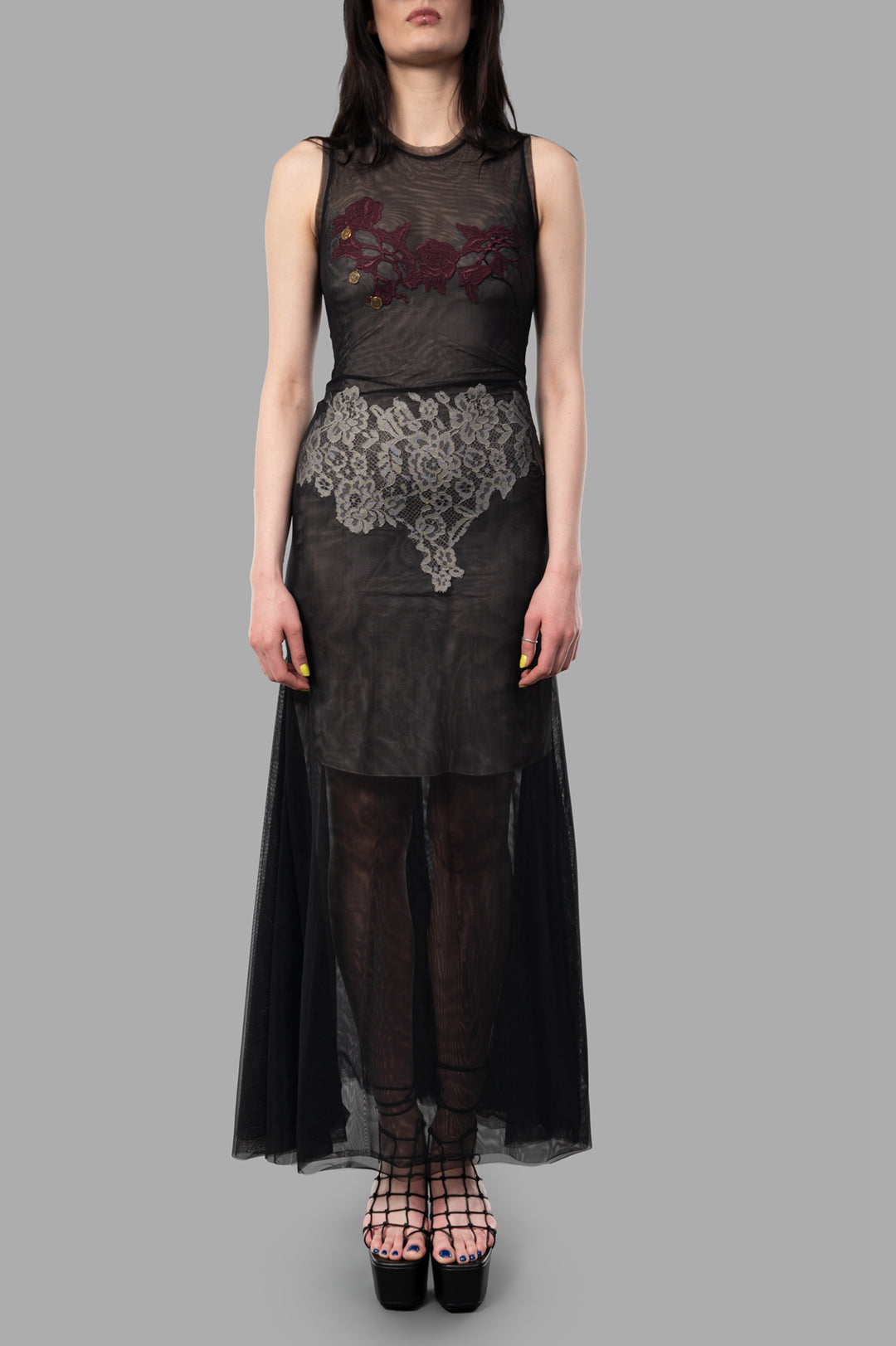 Sehnsucht Atelier Lace-detail Dress in Black showcased on model, featuring intricate lace details and semi-transparent.