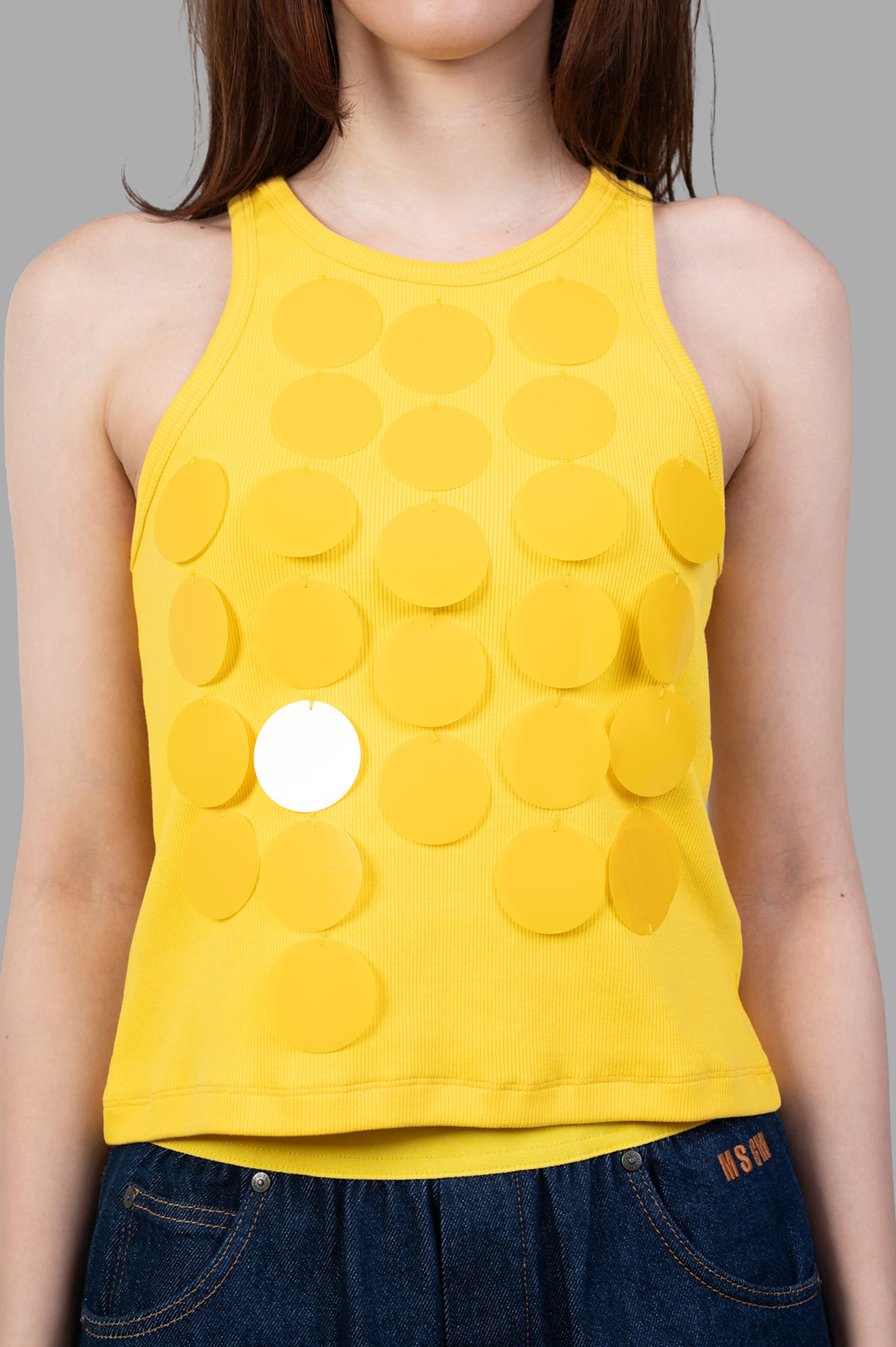 MSGM Disc-embellished Tank Top in yellow, showcasing circular sequins on a fitted silhouette for stylish comfort.
