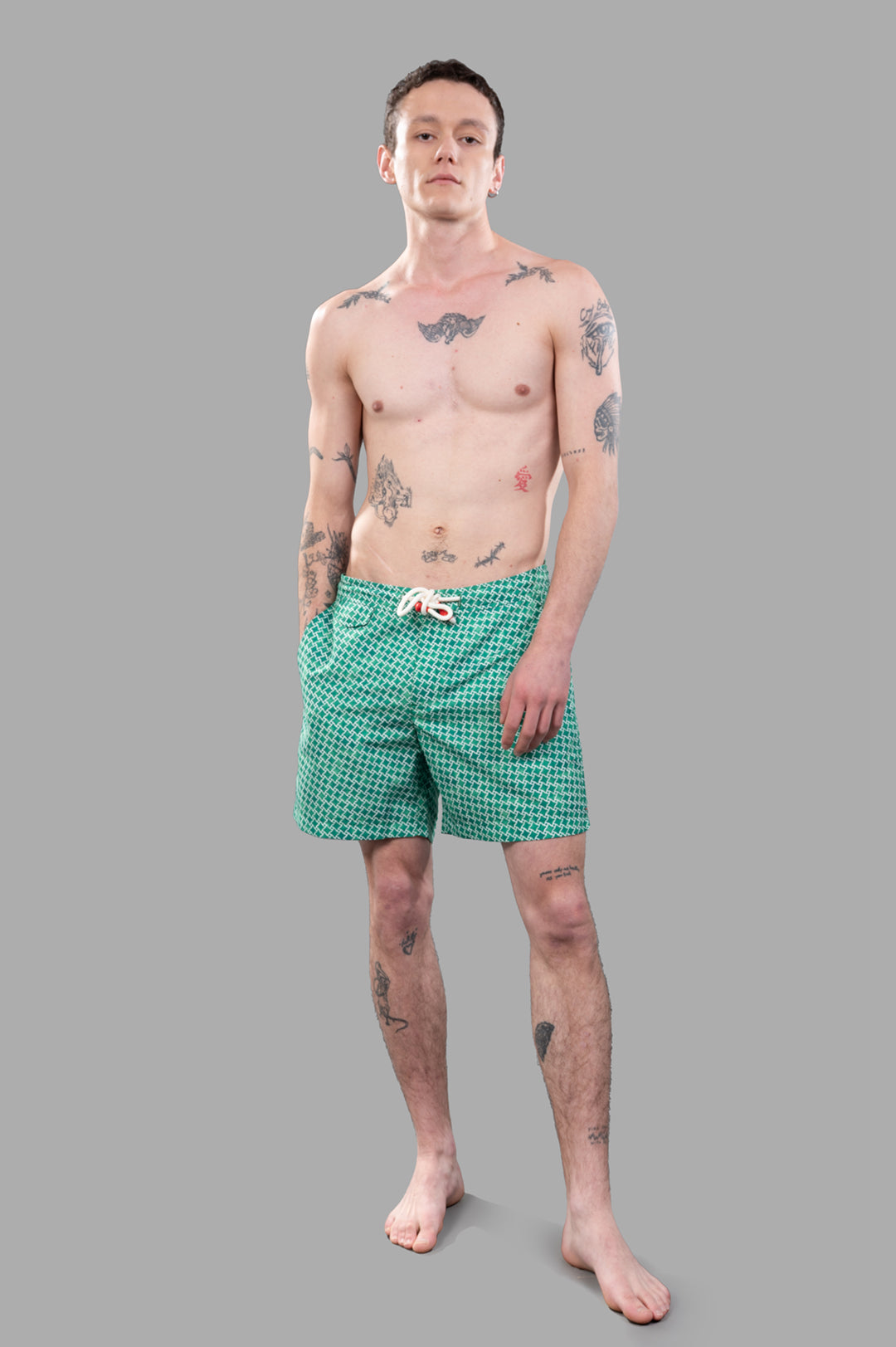 Orlebar Brown Drawcord Swim Shorts in Green, on-model, front view, featuring half-elasticated waistband and drawcord.