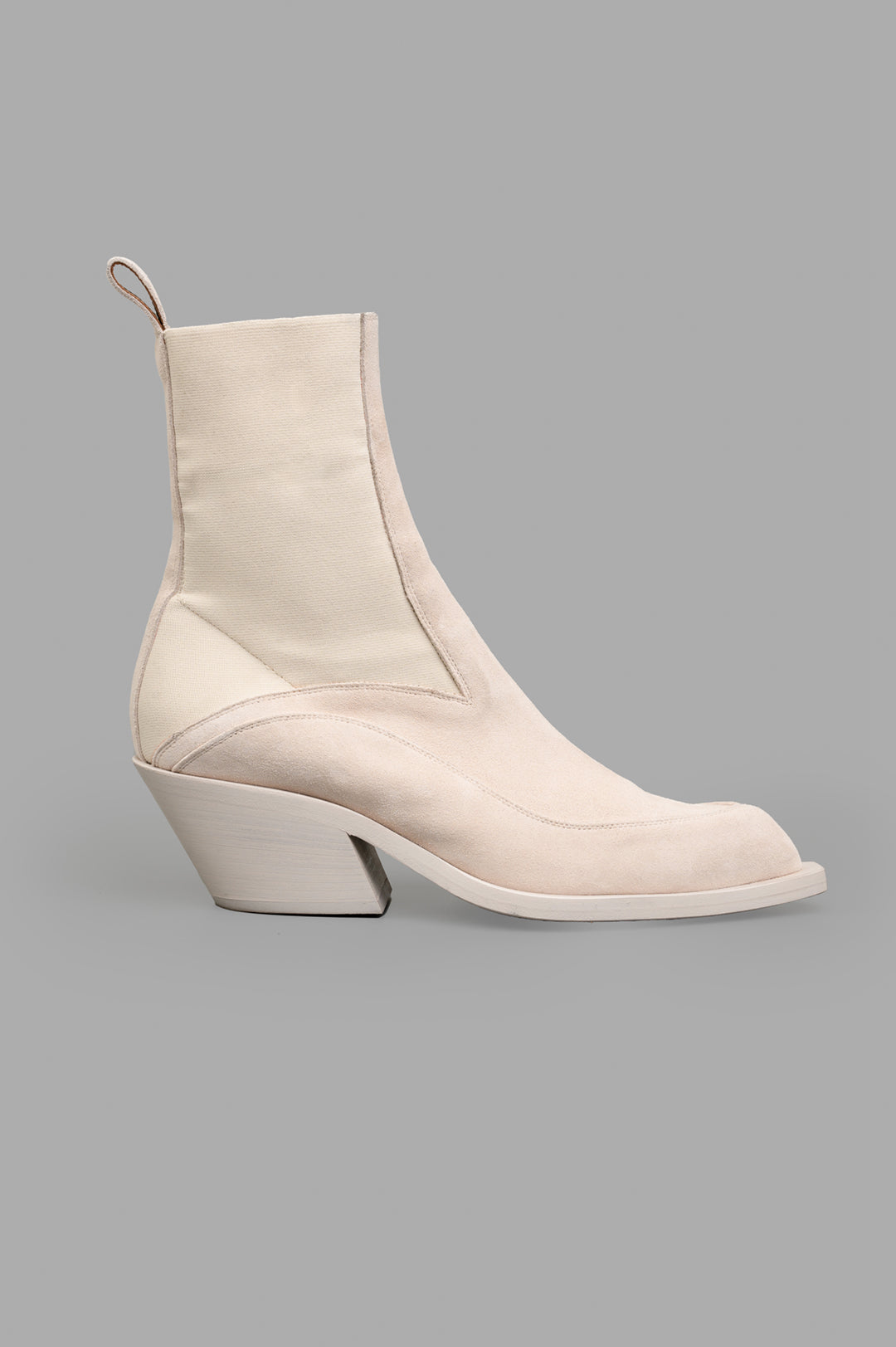 Mattia Capezzani ecru suede boots, side view, featuring handcrafted Italian design with sculptural elegance in 100% leather.