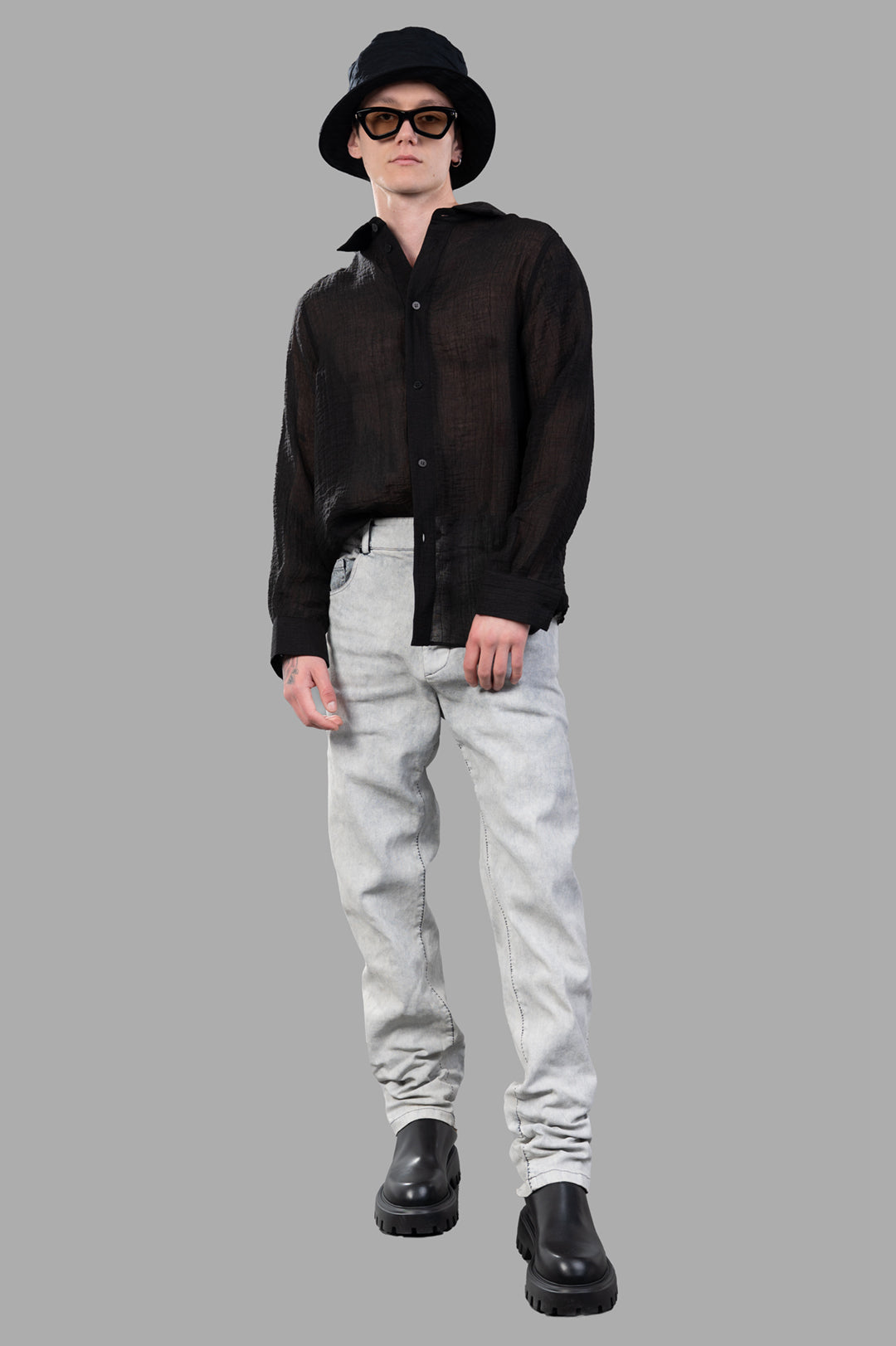 Justin Gall Crinkled Shirt in black with semi-transparent texture, front view on-model, showcasing relaxed silhouette.