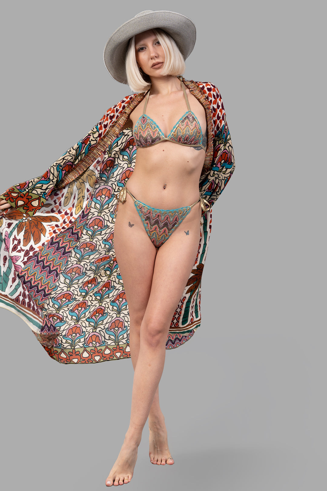 Anjuna Embellished Printed Crepe Kaftan in multicolor, worn open-front style over swimwear on model.