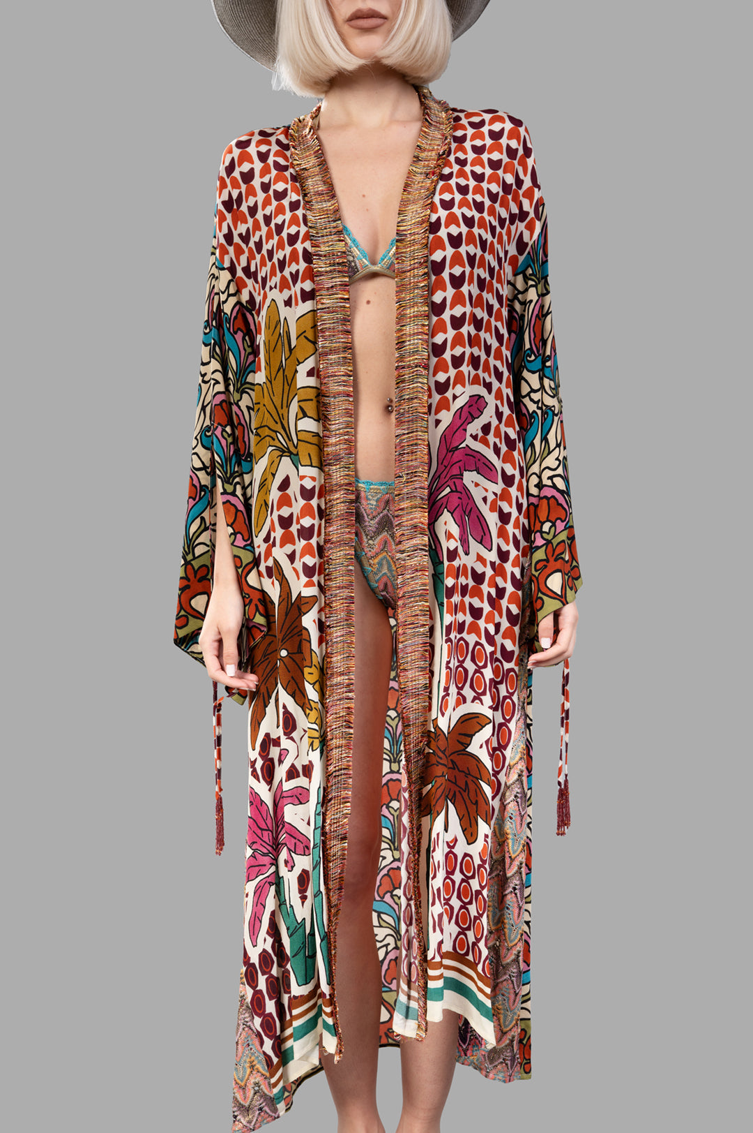 Anjuna Embellished Printed Crepe Kaftan on-model, showcasing vibrant multicolor prints and flowing silhouette, perfect for resort wear.