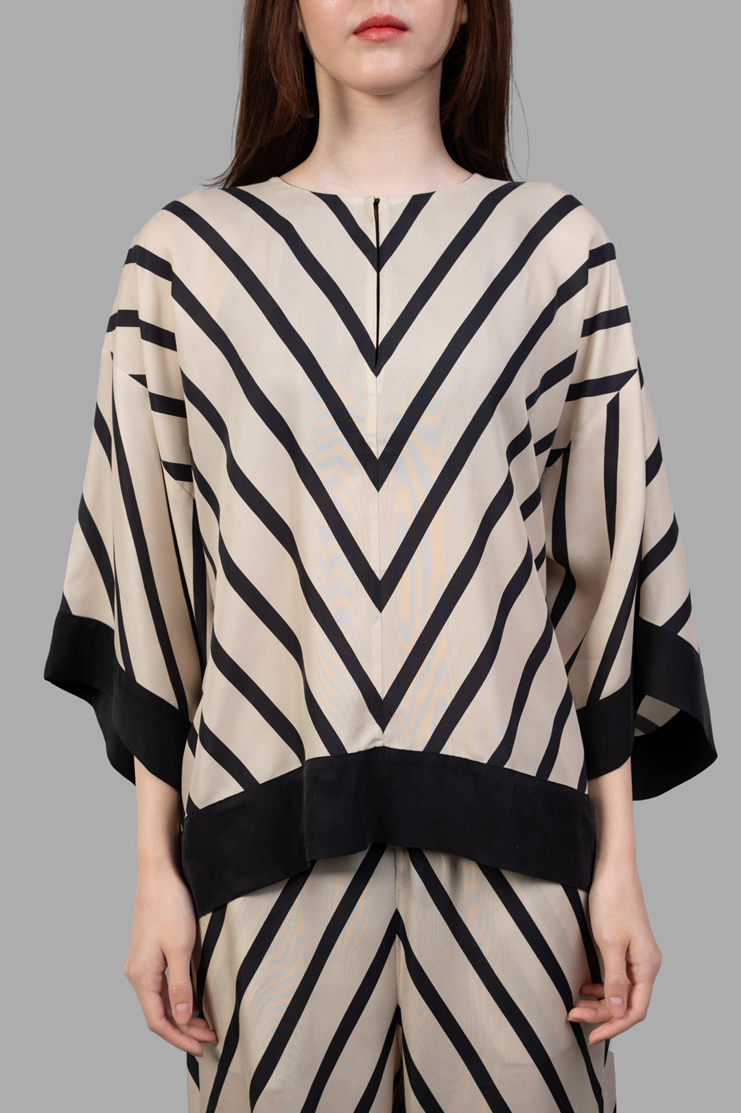 By Malene Birger Cicie Striped Blouse in ecru/black, featuring a deep neckline and cropped sleeves, elegant square silhouette.