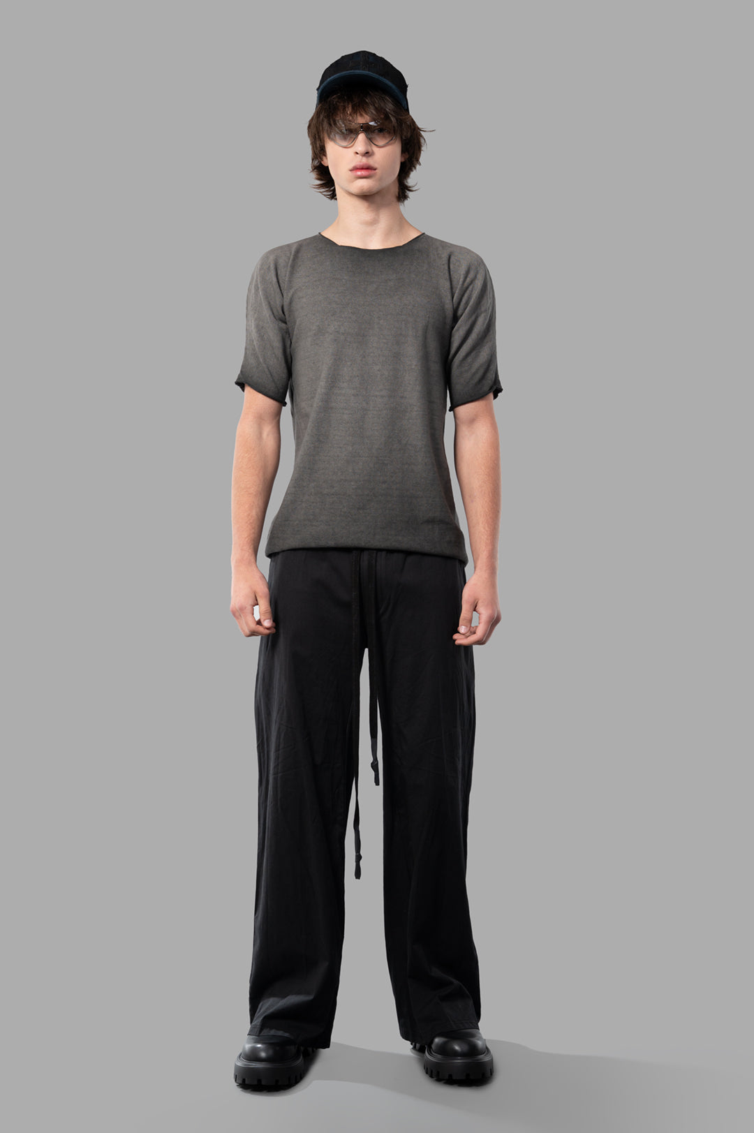 Isaac Sellam Gradient T-shirt, grey, front view on model; crafted in Italy, avant-garde style, organic cotton.
