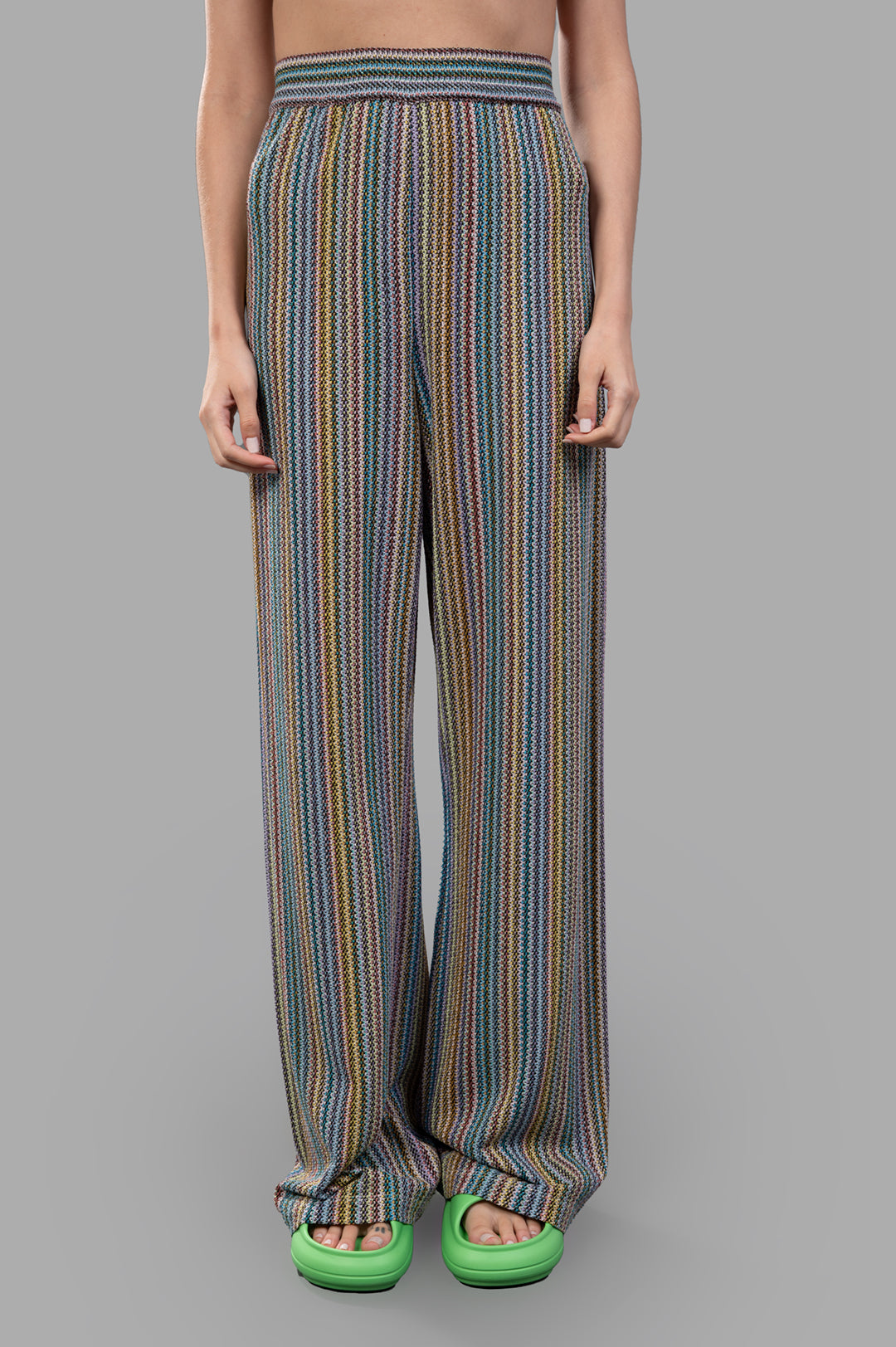 Anjuna Striped Knit Trousers displayed front view featuring multicolor stripes and a relaxed fit, perfect for resort wear.
