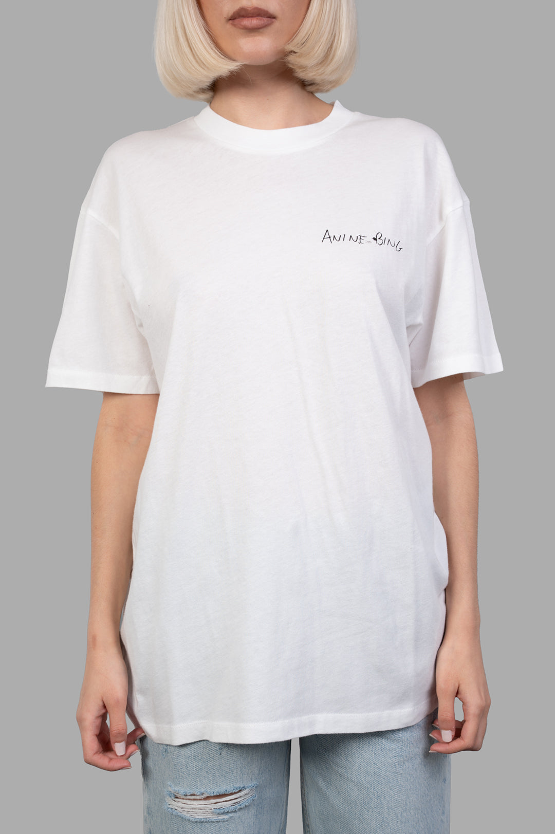 Anine Bing Walker T-shirt with Lyrics, featuring front handwritten logo in ivory wash lightweight cotton jersey.