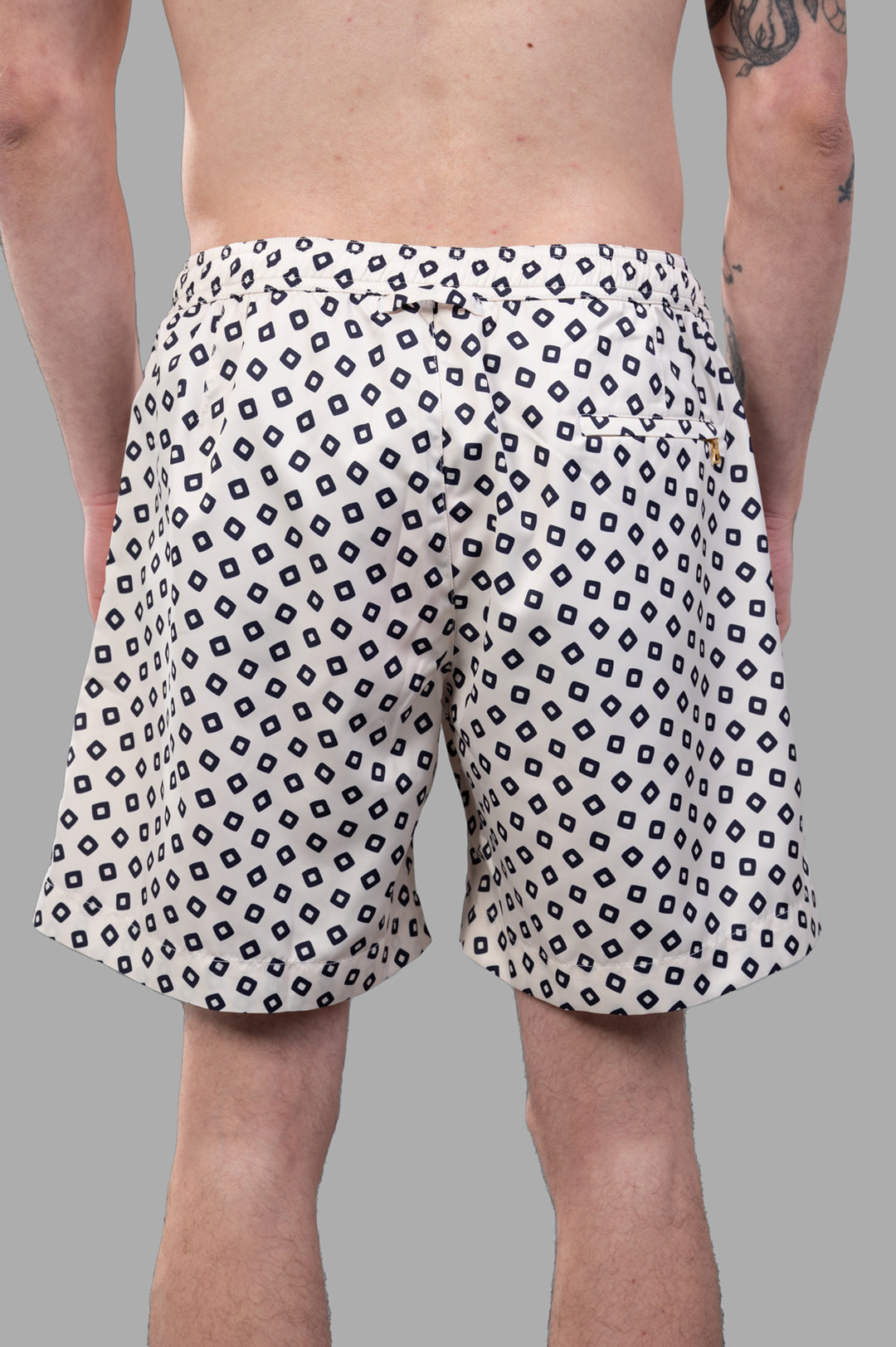 Orlebar Brown Bulldog Drawcord Swim Shorts, showcasing the back design with diamond pattern and single back pocket.